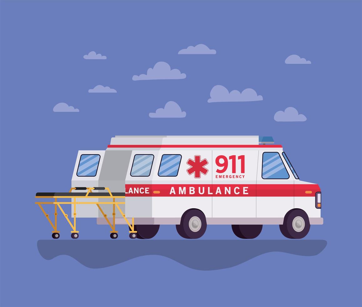 Ambulance paramedic car side view and clouds vector design