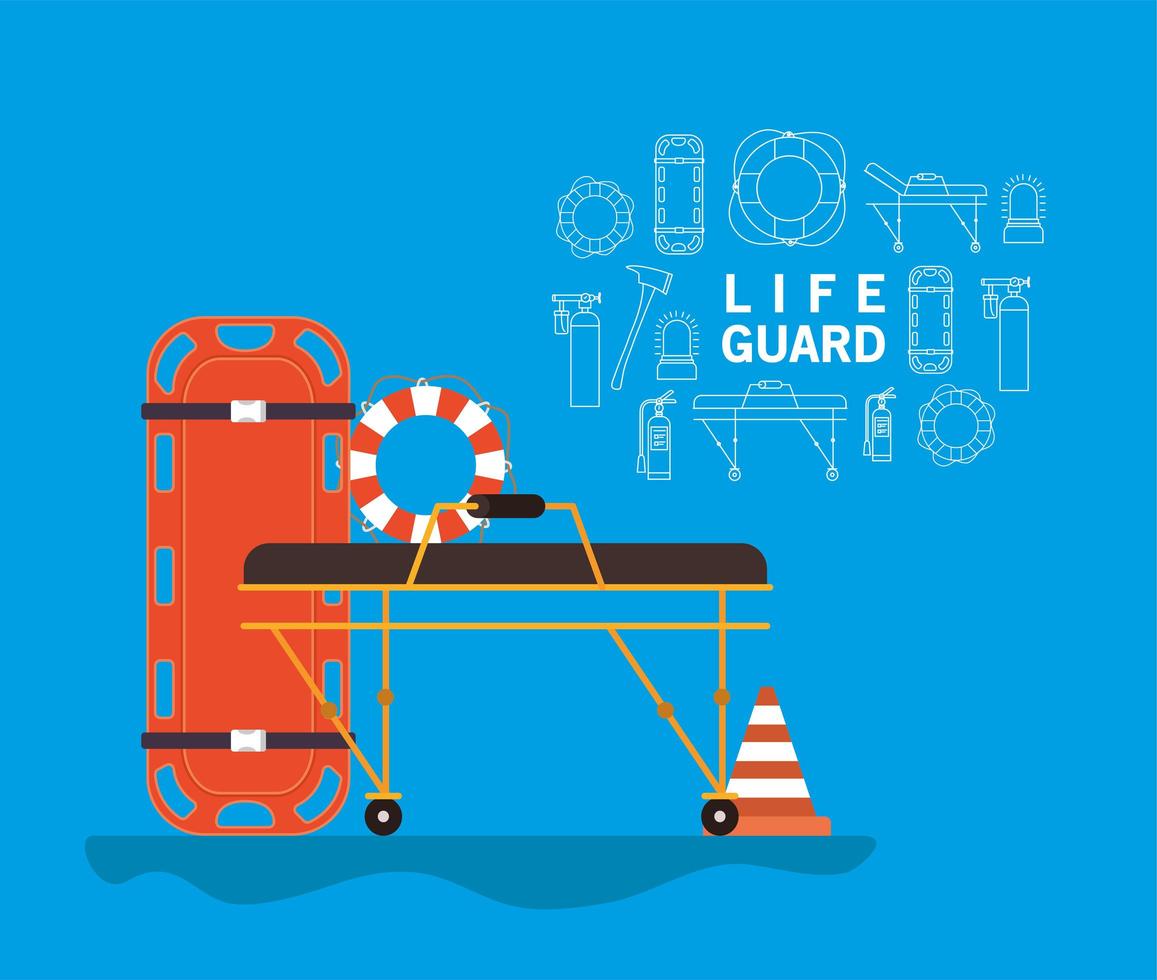 Life guard banner with ambulance stretcher with float and cone vector