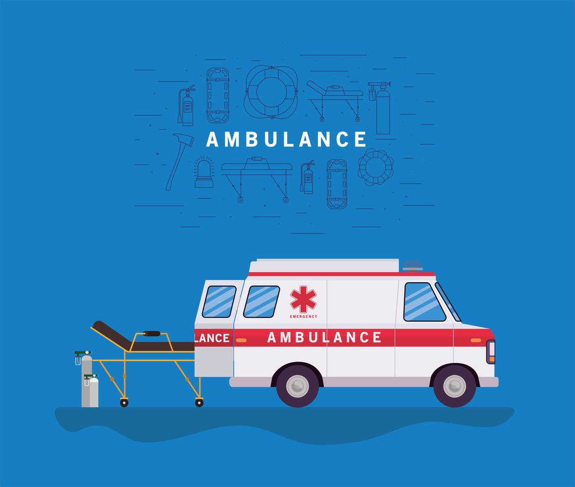 Banner de ambulancia con ambulancia y camilla. vector