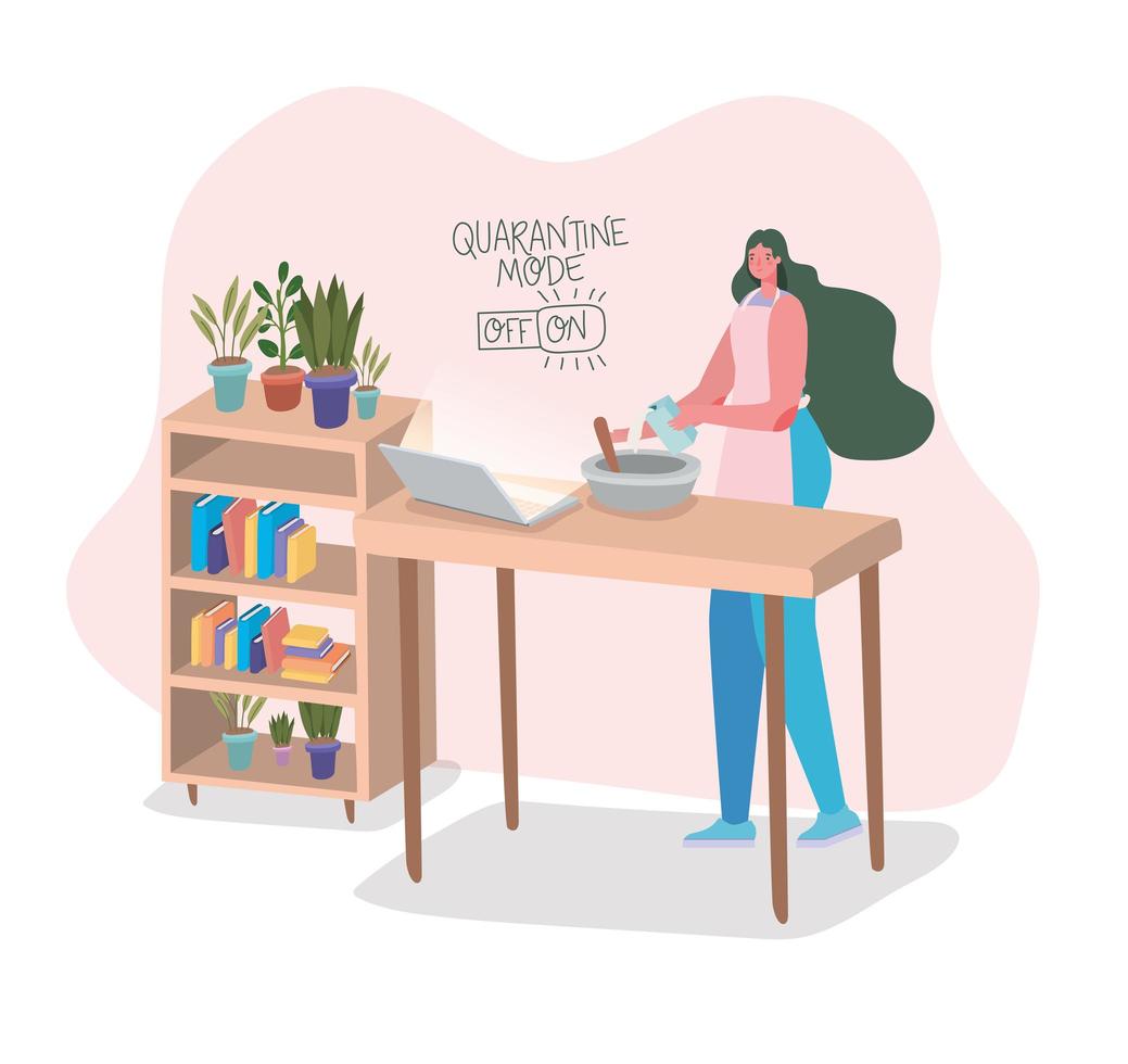 Stay at home banner with woman cooking in front of the laptop vector
