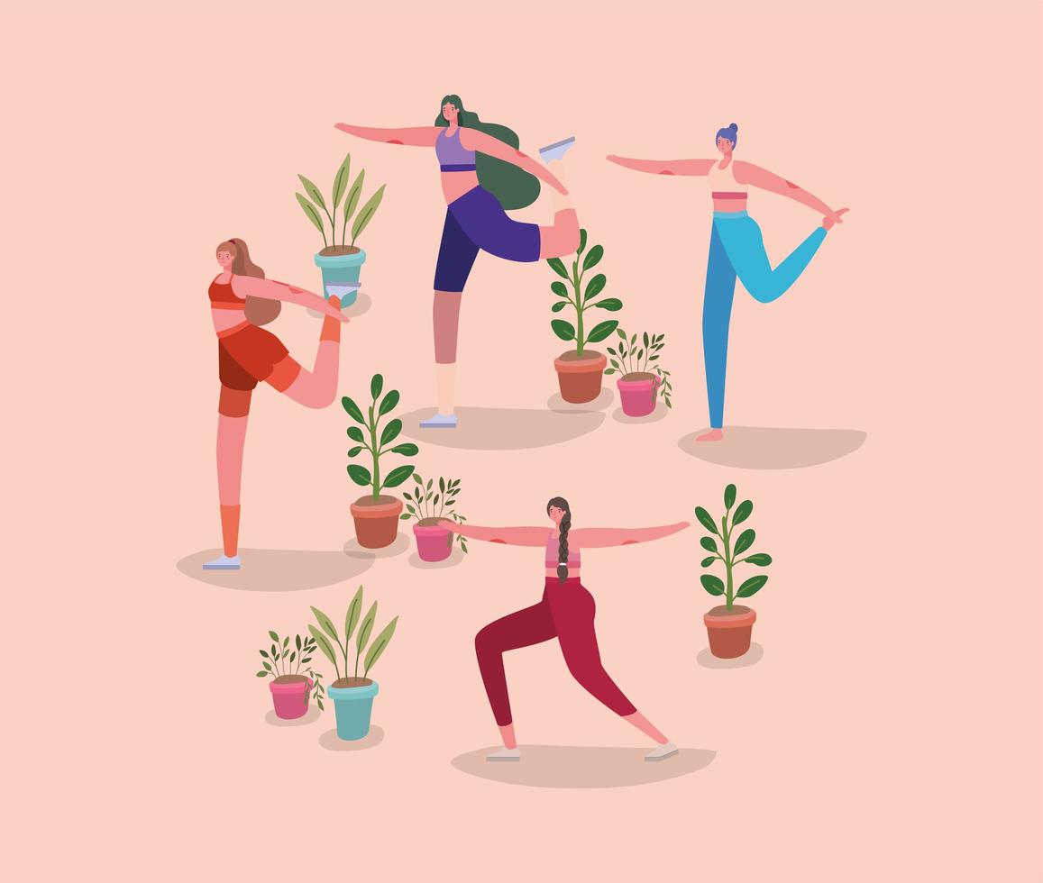 Women stretching with potted plants vector