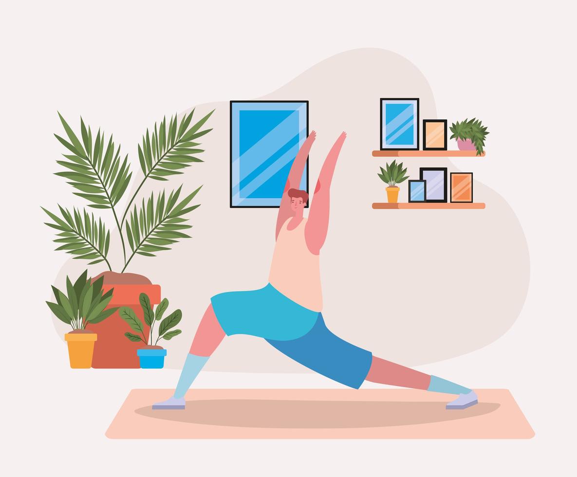 Man doing yoga at home vector