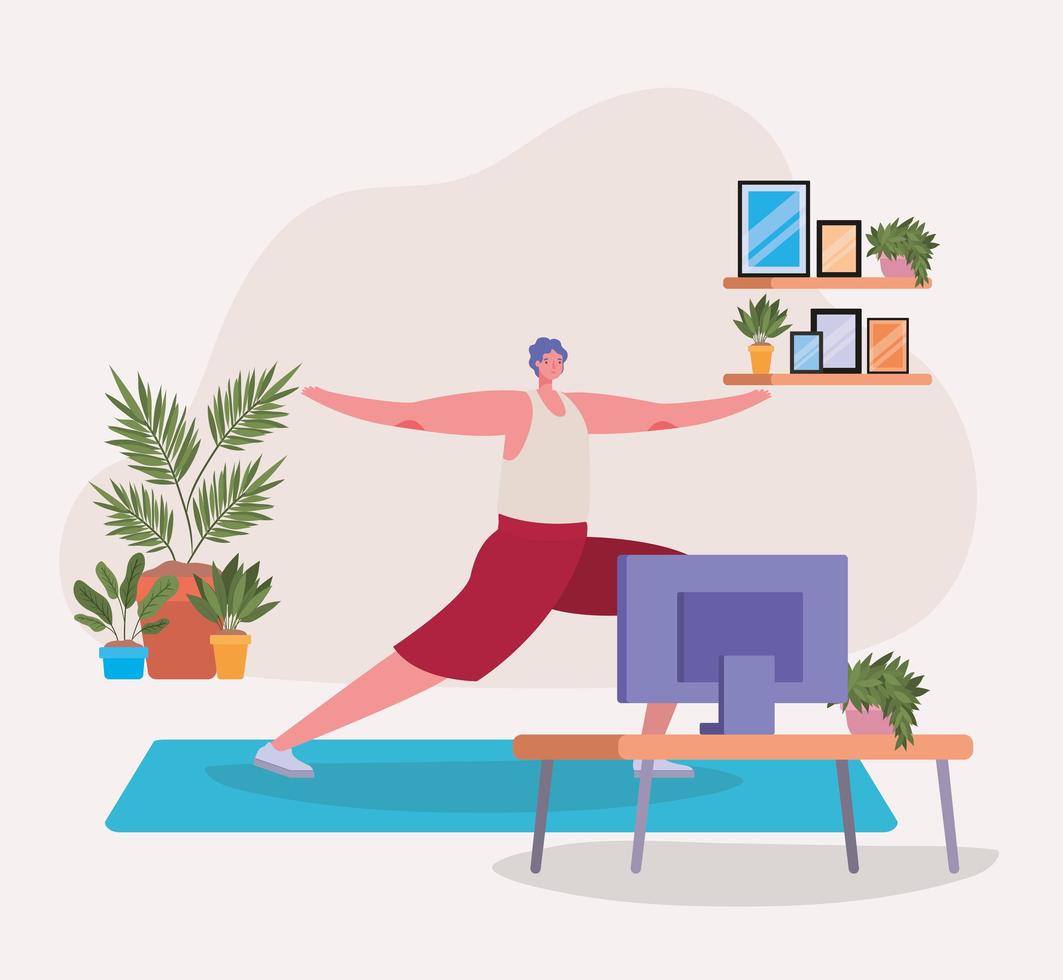 hombre haciendo yoga en casa vector