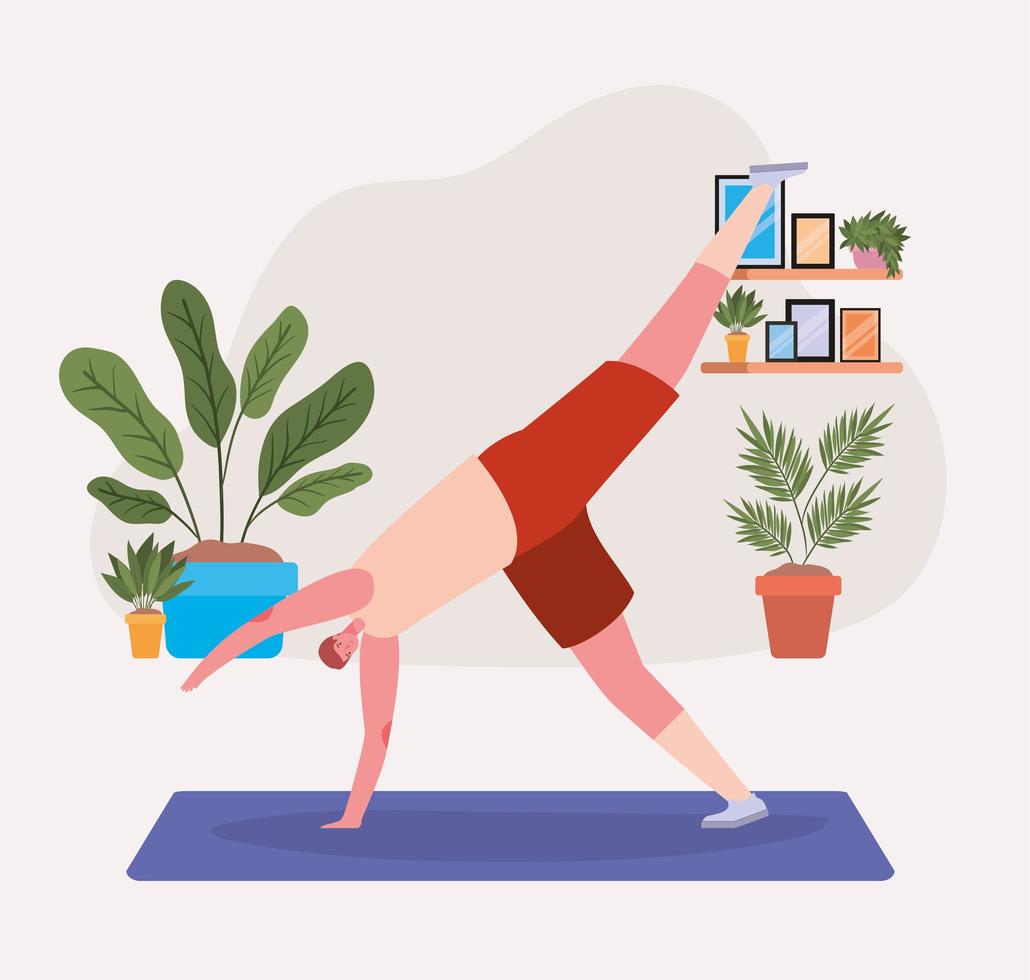 Man doing yoga at home vector