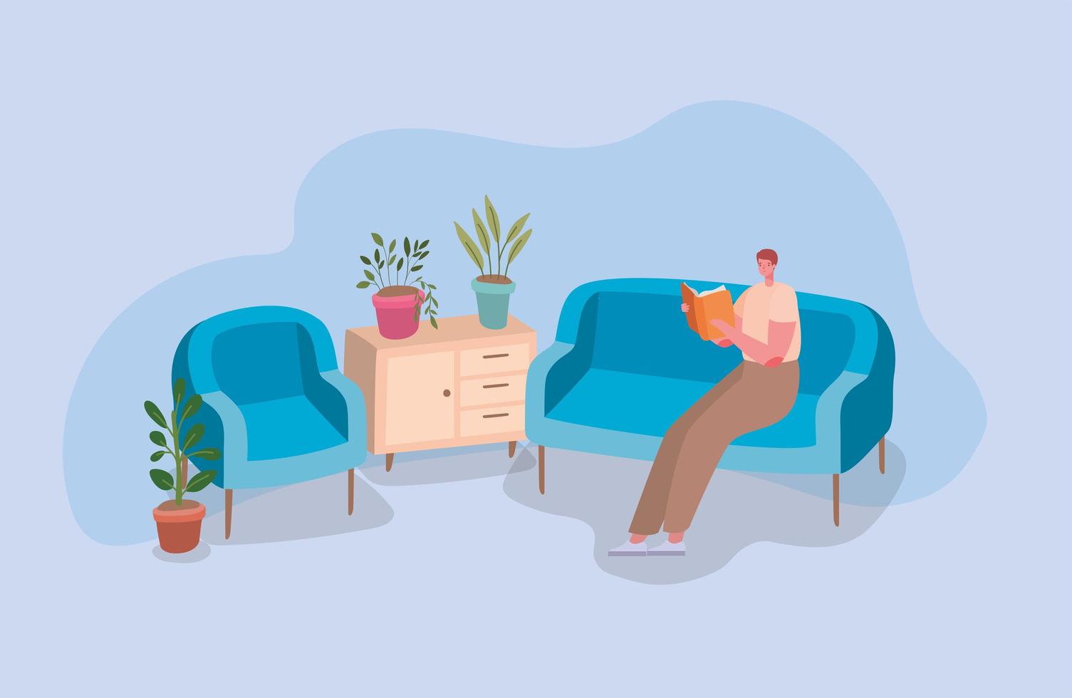 Man reading a book on the couch design vector