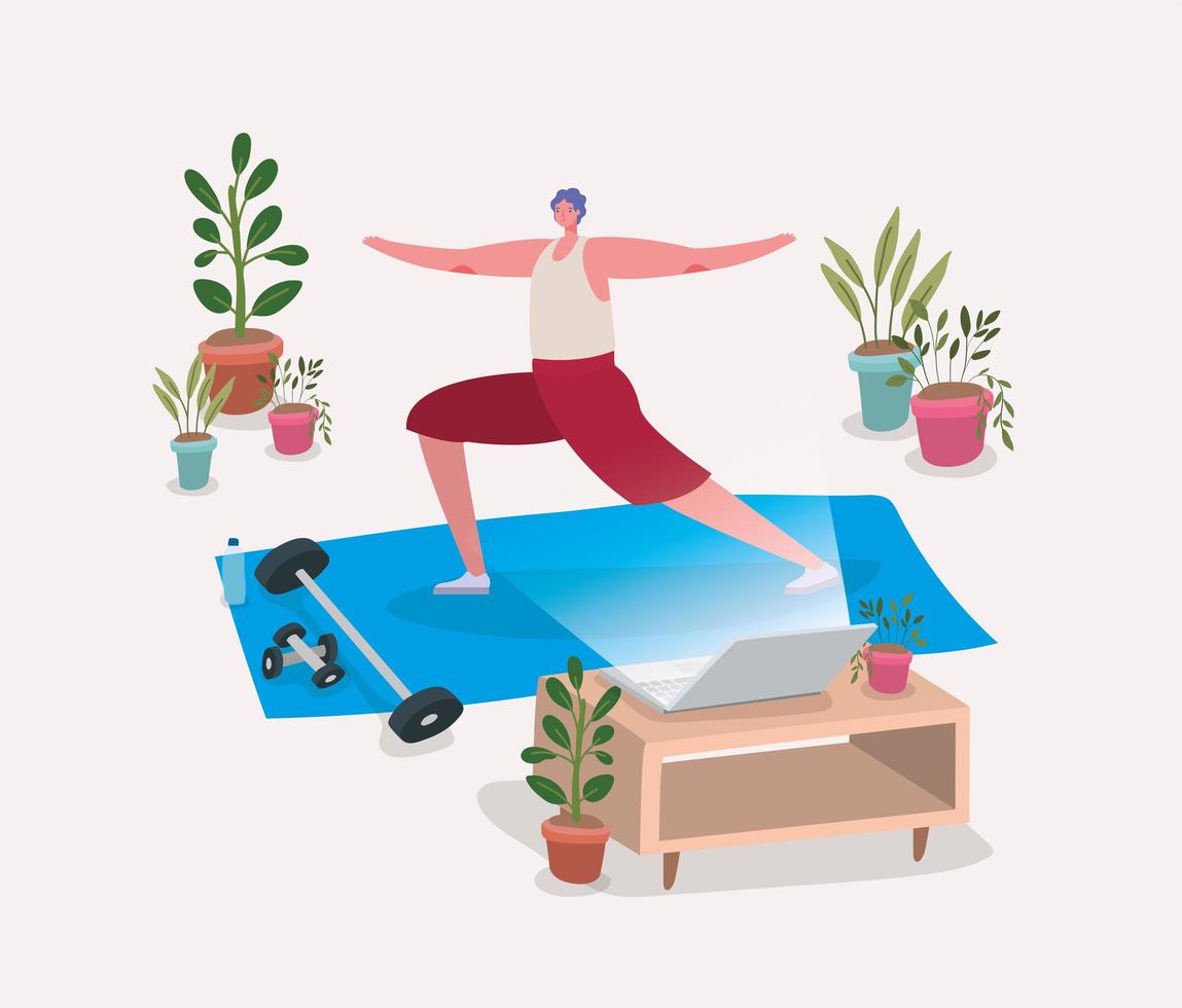 Man doing yoga at home vector