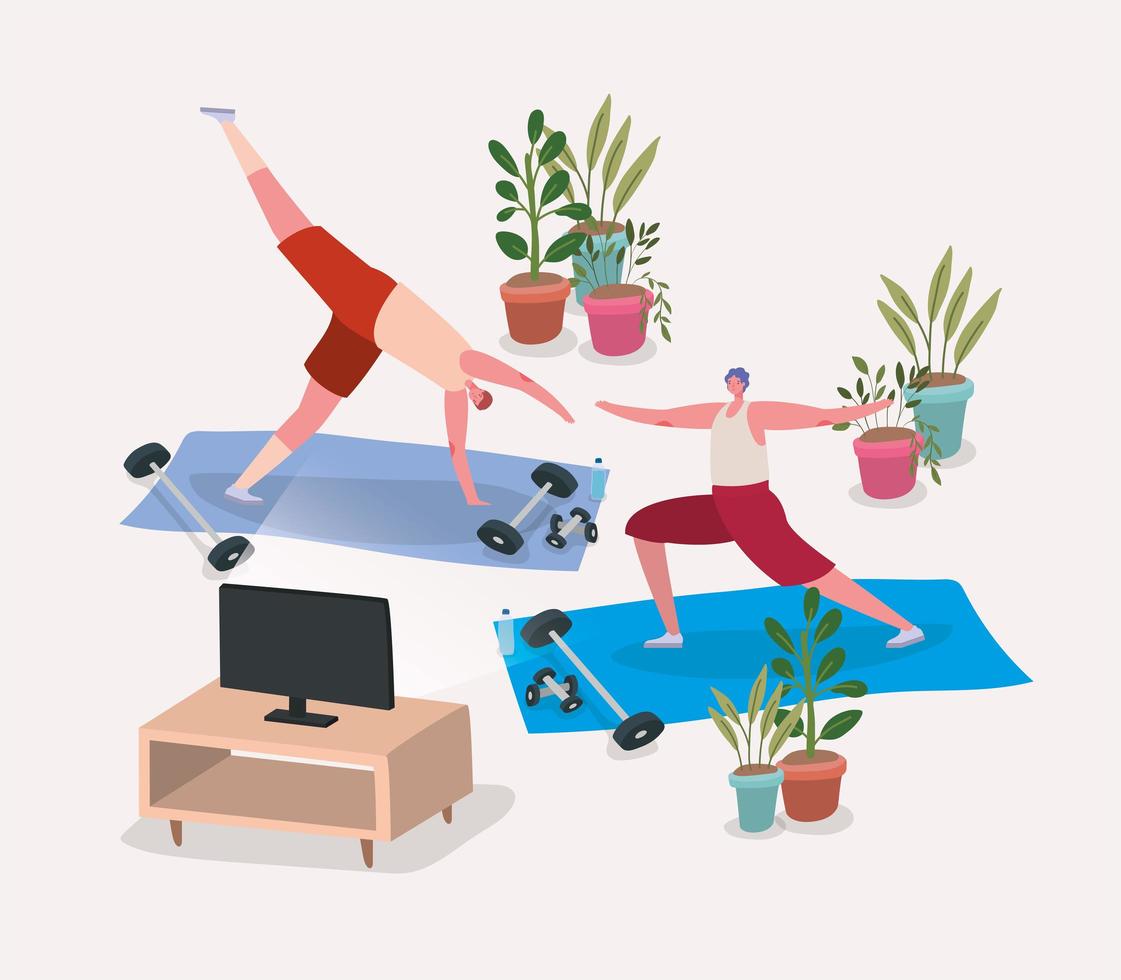 Men working out at home vector
