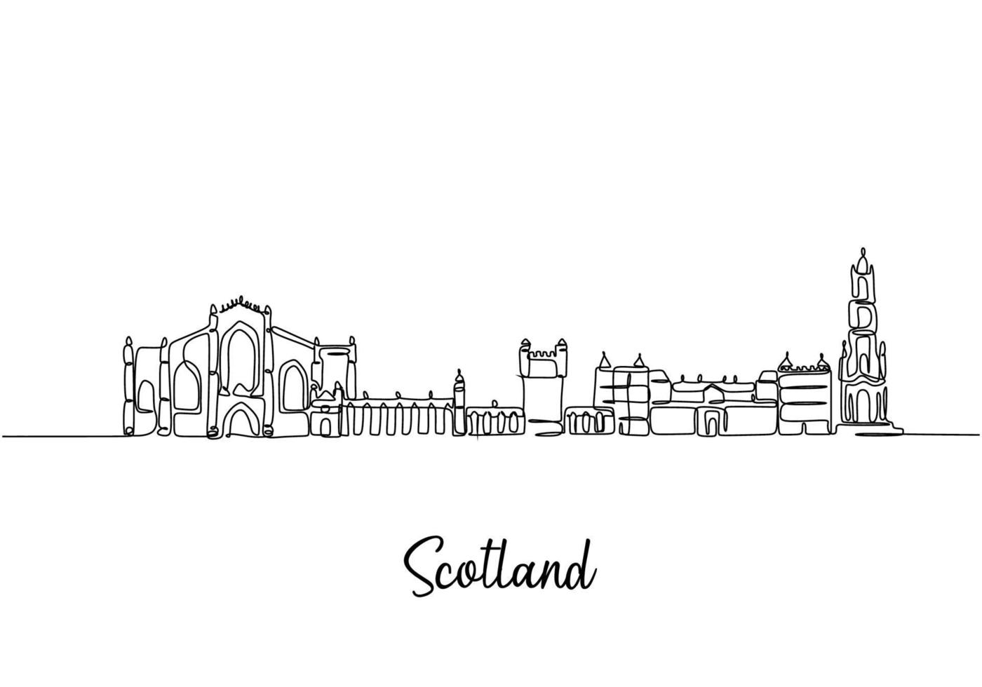 One line style Scotland city skyline. Simple modern minimalistic style. Single continuous line drawing of Scotland city skyline, Scotland. Famous city scraper and landscape. vector