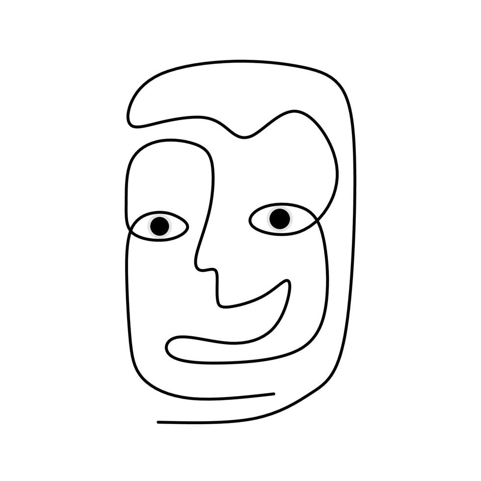 Abstract poster with minimal man face with happy expression one line drawing. Minimalism poster art with one line drawing abstract face Isolated on white background. vector