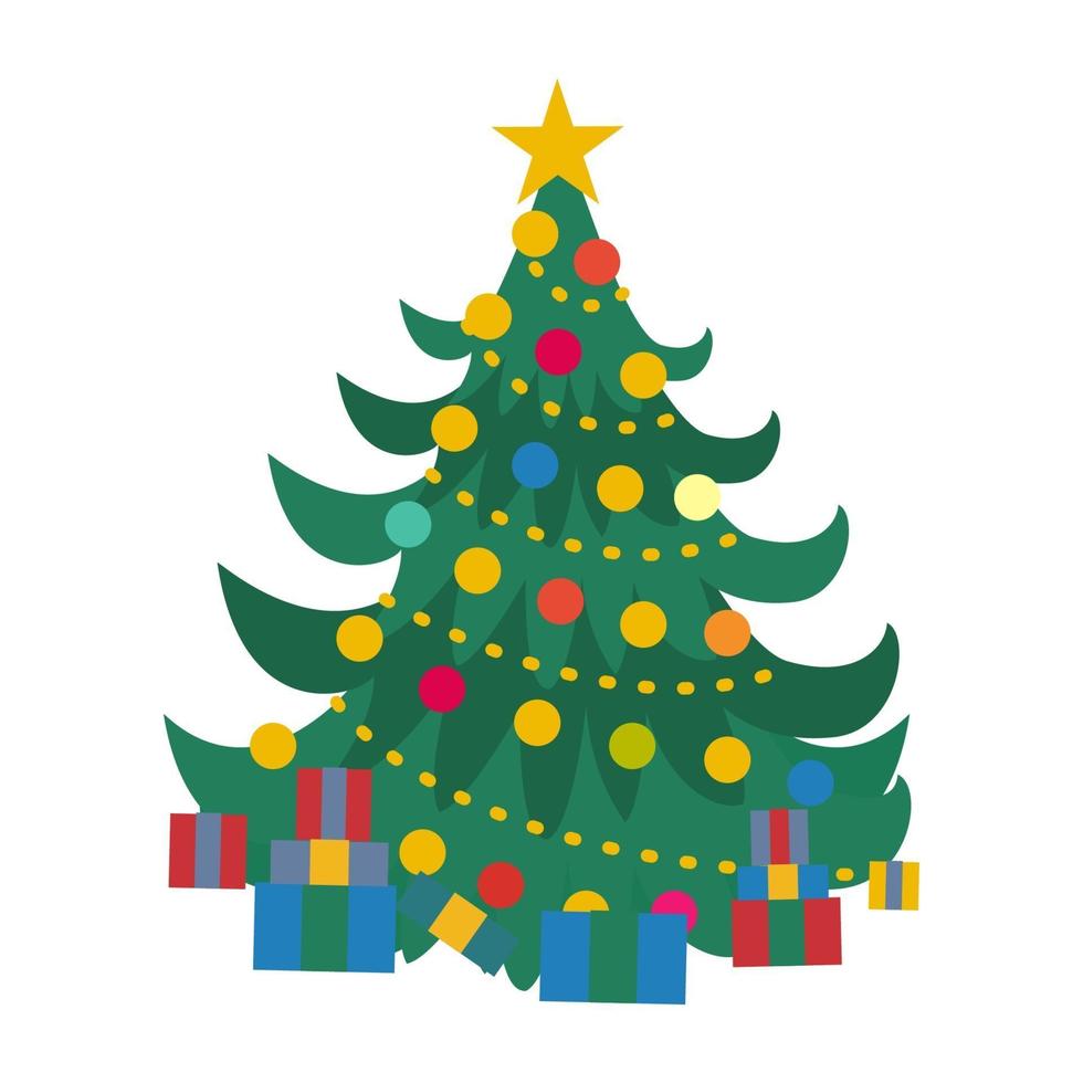 diseño plano del árbol de navidad. Hermoso árbol de Navidad verde elegante con decoración y caja de regalo. coloridos regalos planos para vacaciones. elementos de navidad y año nuevo para la decoración. vector