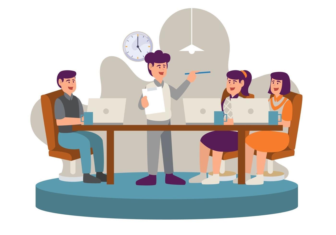 trabajadores de oficina sentados en una mesa redonda y discutiendo ideas. concepto de ilustración vectorial de flujo de trabajo empresarial, gestión del tiempo, planificación, aplicación de tareas, trabajo en equipo, reunión. diseño plano de personaje de dibujos animados vector