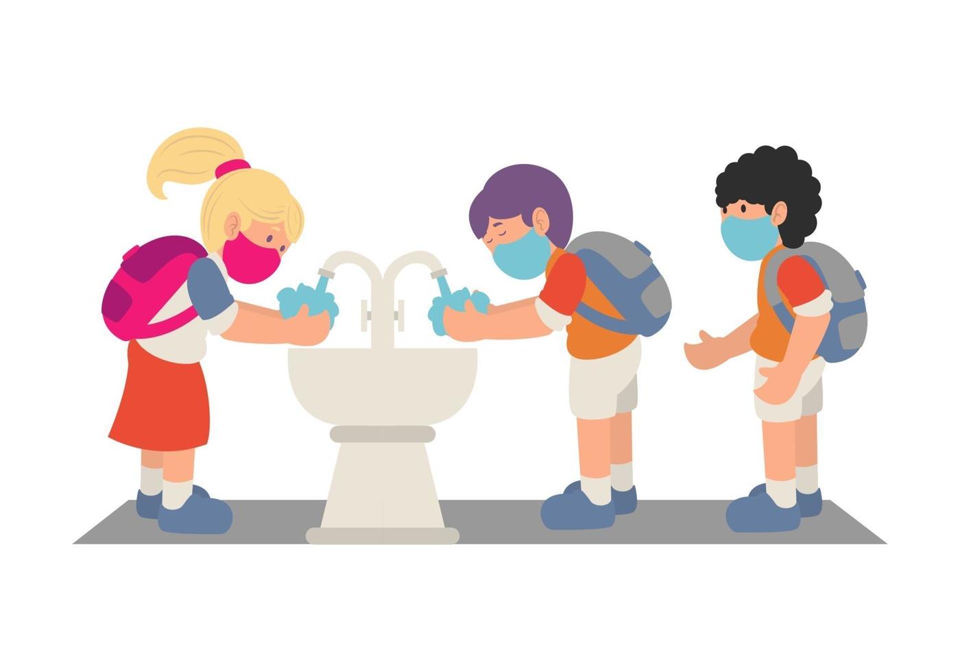 A kids washing hands. Cute children wearing medical blue mask and standing at the wash basin at school. Preventing coronavirus symptoms. Flat cartoon character vector illustration