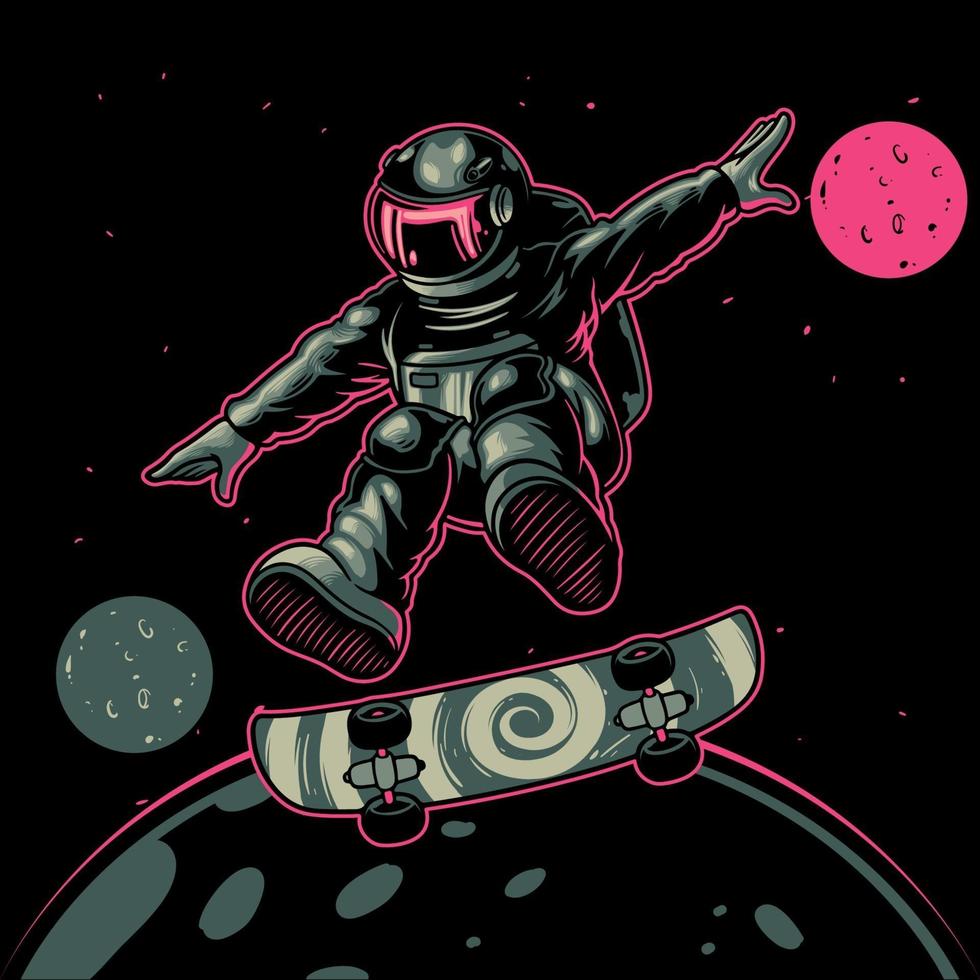 Astronauta jugando ilustración de icono de vector de dibujos animados de patineta. un cosmonauta deportivo con patineta en el espacio entre estrellas planetas galaxias. bueno para carteles, logotipos, adhesivos o prendas de vestir.