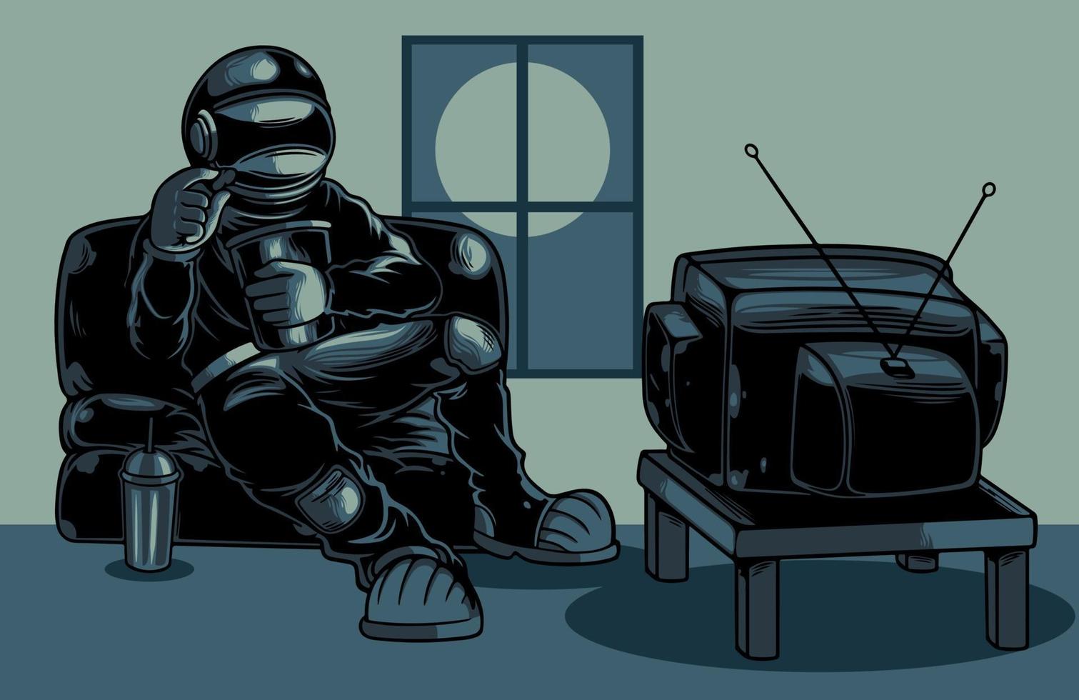 astronauta viendo televisión personaje de dibujos animados vector ilustración plana. cosmonauta fresco sentado en el sofá viendo la televisión mientras come palomitas de maíz. bueno para carteles, logotipos, adhesivos o prendas de vestir.