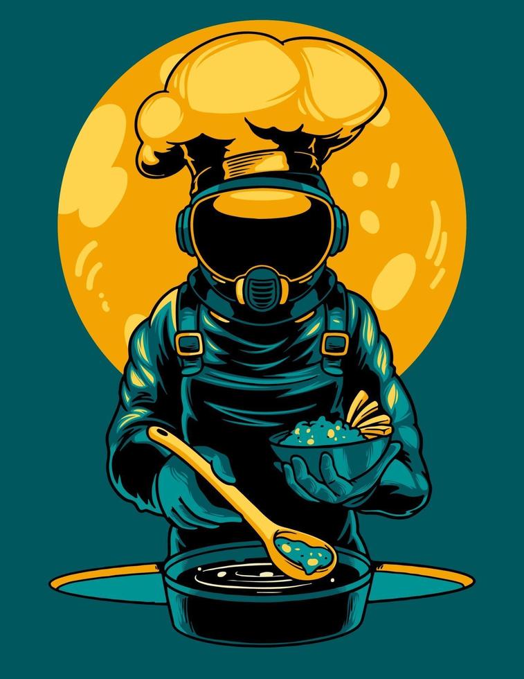 Astronaut is cooking cartoon vector icon illustration. A professional cosmonaut chef is preparing food on the space in the sun. Print for t-shirts and another, trendy apparel design