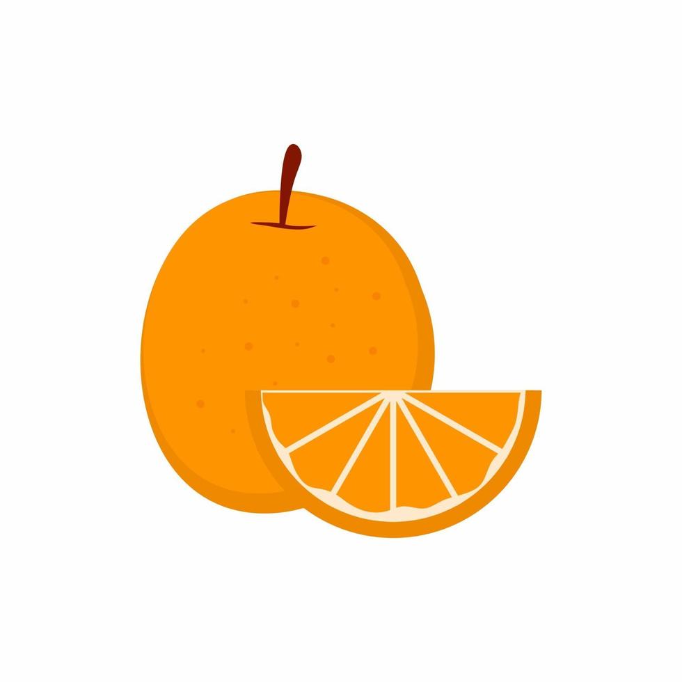 fruta naranja con diseño plano de rodajas. salpicaduras de jugo de naranja. imagen aislada de frutas de verano sobre fondo blanco. estilo de vida saludable. lleno de vitaminas concepto de alimentación saludable. ilustración vectorial vector