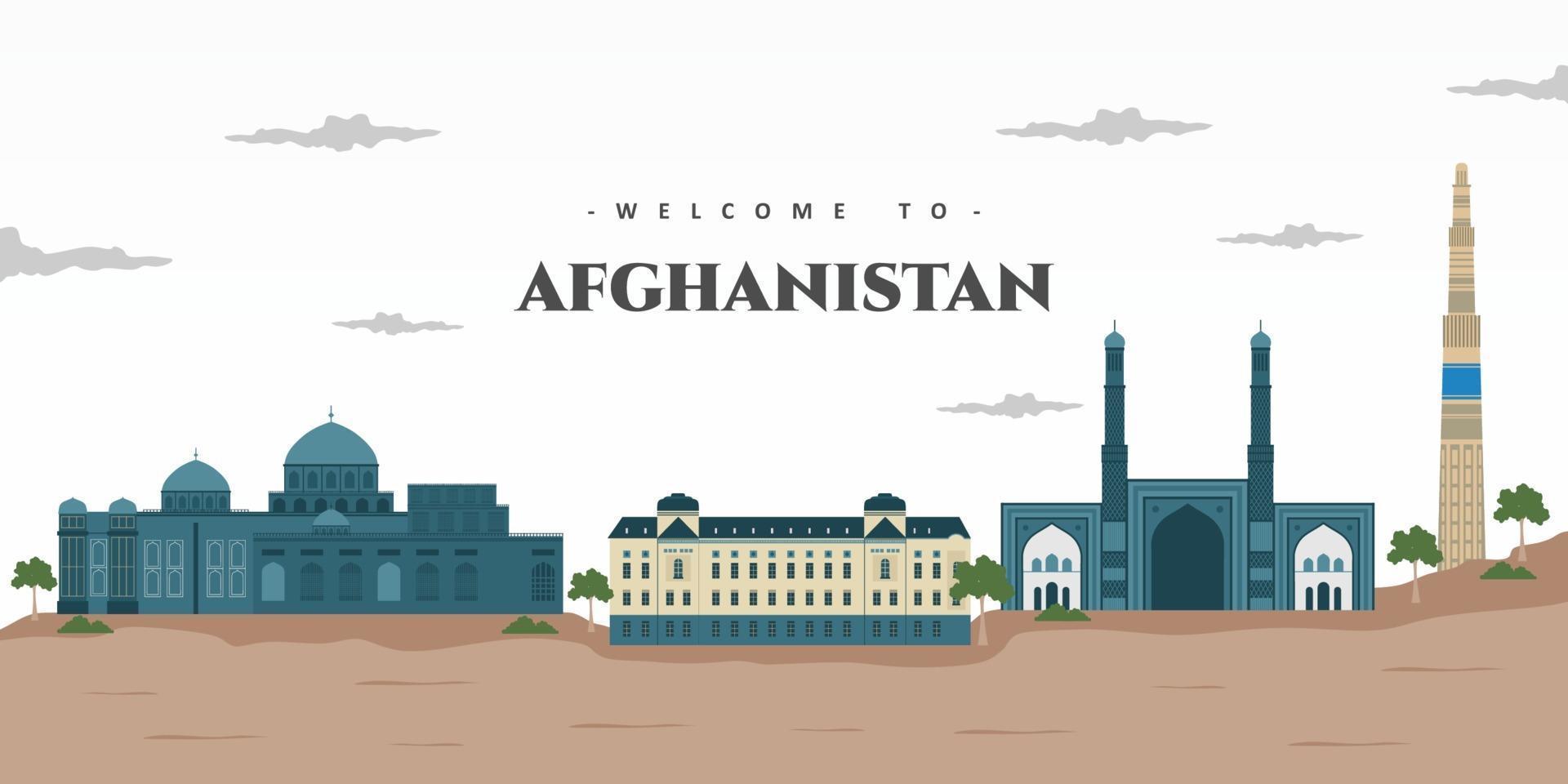 Beautiful building view of Afghanistan with famous landmark. Amazing architectural building for tourist vacation. Vector illustration for tourism presentation, banner, placard or web