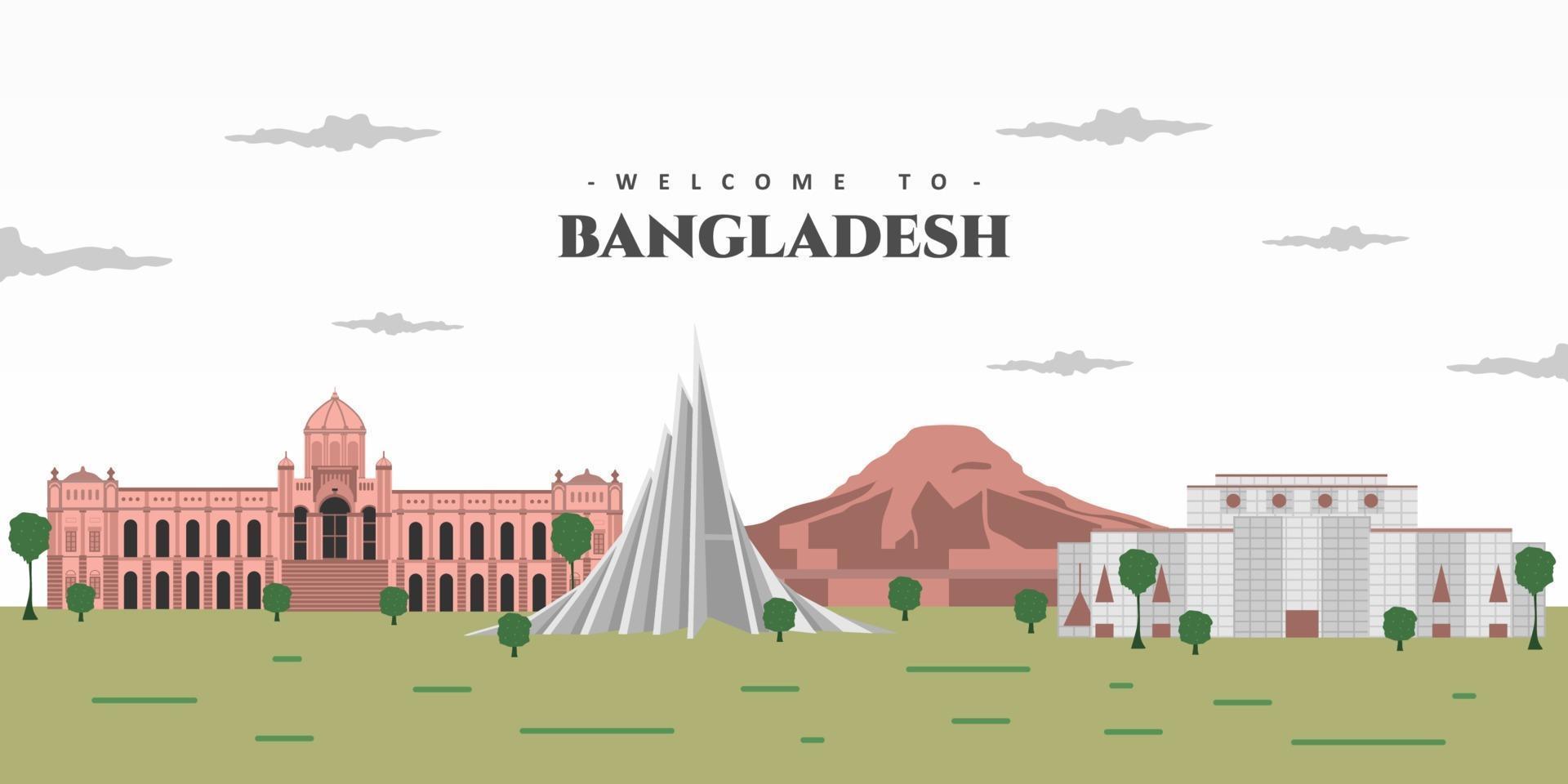 bienvenido a la postal de bangladesh. hermosa vista del paisaje con un edificio emblemático. concepto de viaje y safari de asia. alrededor del mundo. ilustración vectorial vector