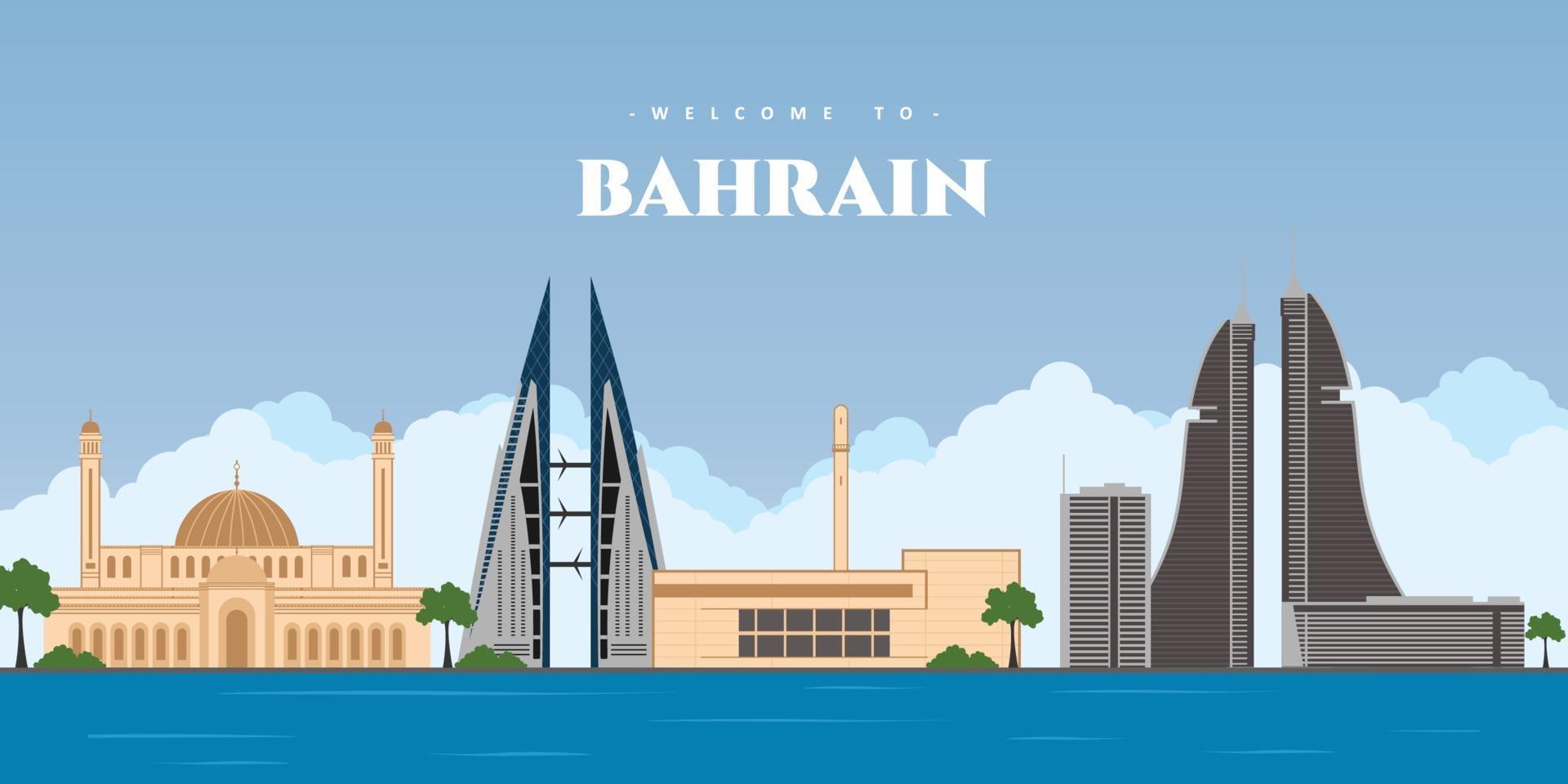 Great panoramic city landscape of Bahrain. Manama skyline with colorful buildings landmark. Welcome to Bahrain postcard. Travel and journey concept of Islamic country. Vector illustration