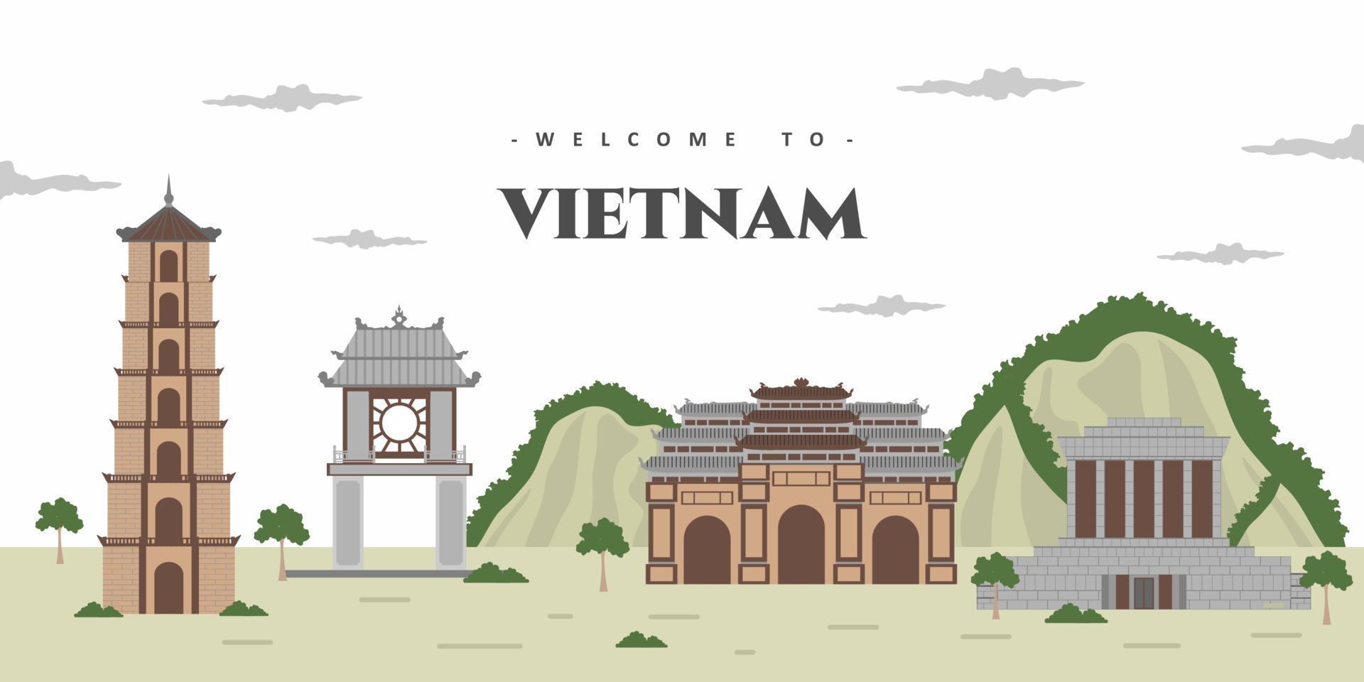 Vietnam  city landscape with historical world famous building landmark. Vietnam Landmarks, frame, travel and tourist attraction. World cities vacation travel sightseeing Asia collection. vector