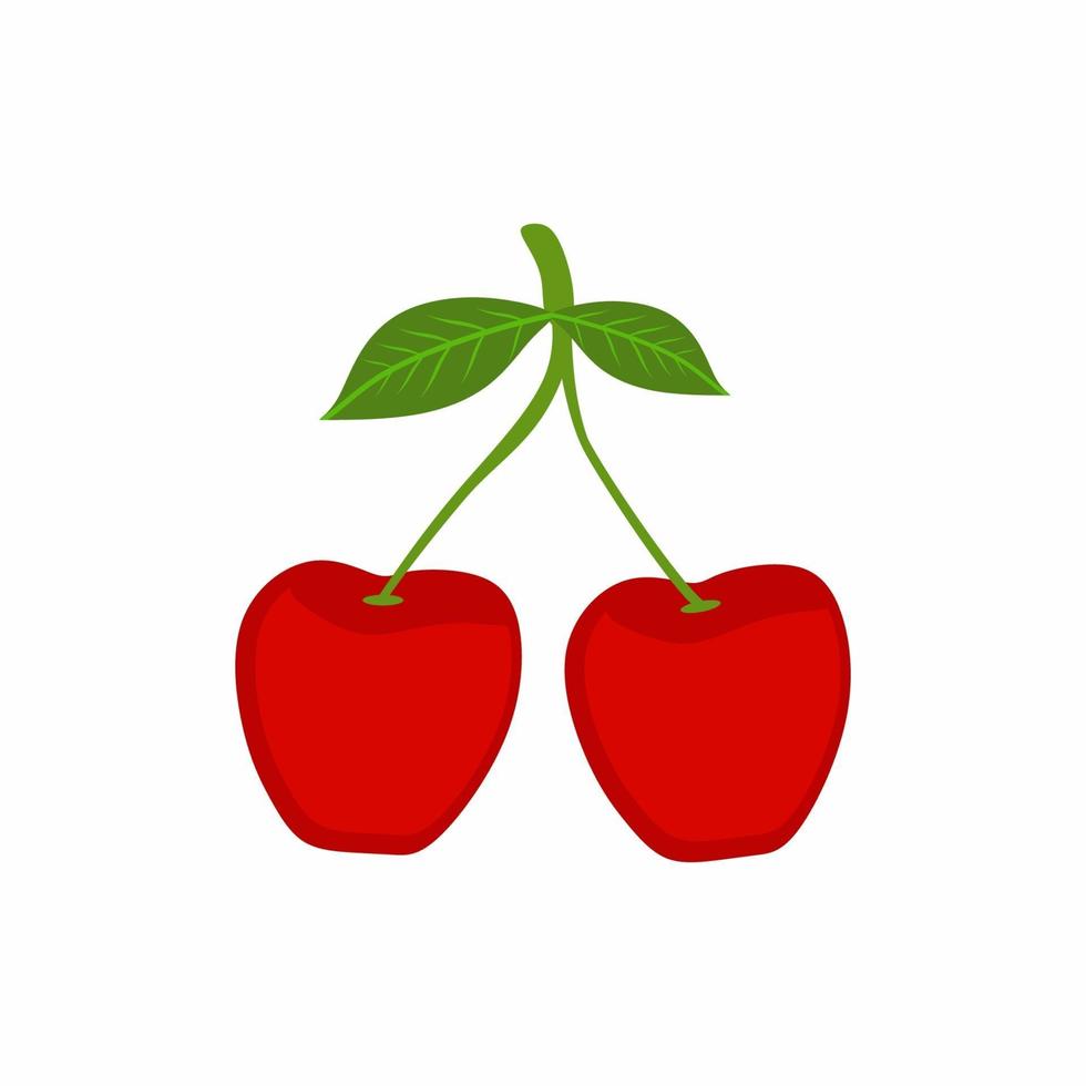 Two cherry fruit icon isolated on white background. Cute red cherry with green leaf. Flat cartoon design. Healthy nutrition foods. Vector sketch illustration