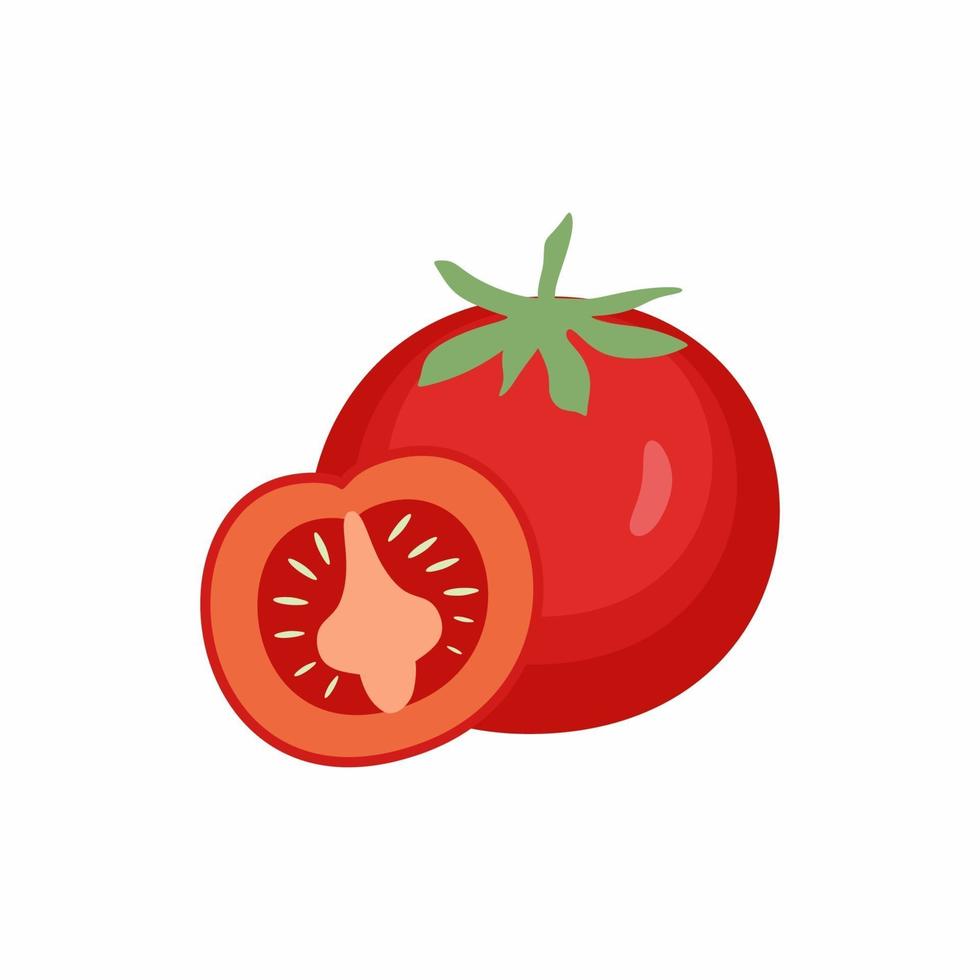 Tomato icon in flat style. Red tomatoes with green leaves food fruits vegetable from the farm. Organic food concept. Vector design coloring tomattoes cartoon illustration.