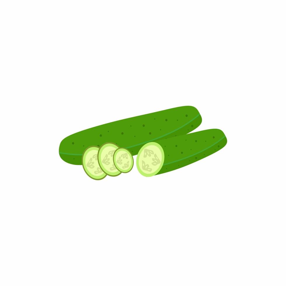 Fresh a whole and sliced cucumber. Healthy nutritious vegetable. Cucumber for farm market, vegetarian salad recipe design. Vector illustration in flat style