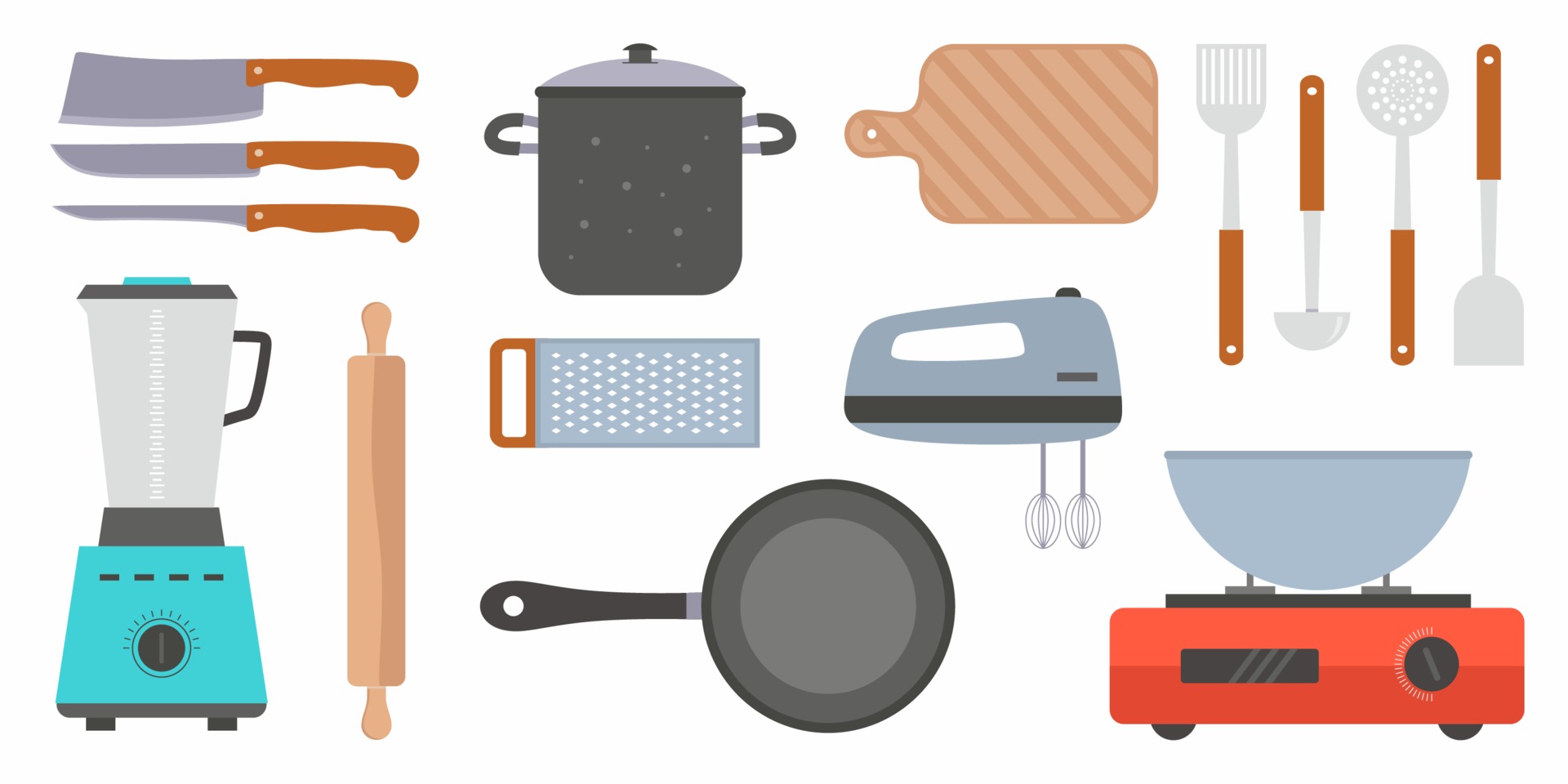 Juego de utensilios de cocina. Utensilios de cocina, utensilios de cocina,  colección de herramientas de cocina. Conjunto de iconos planos modernos,  elementos gráficos, objetos. Concepto de diseño plano. Ilustración  vectorial Vector de