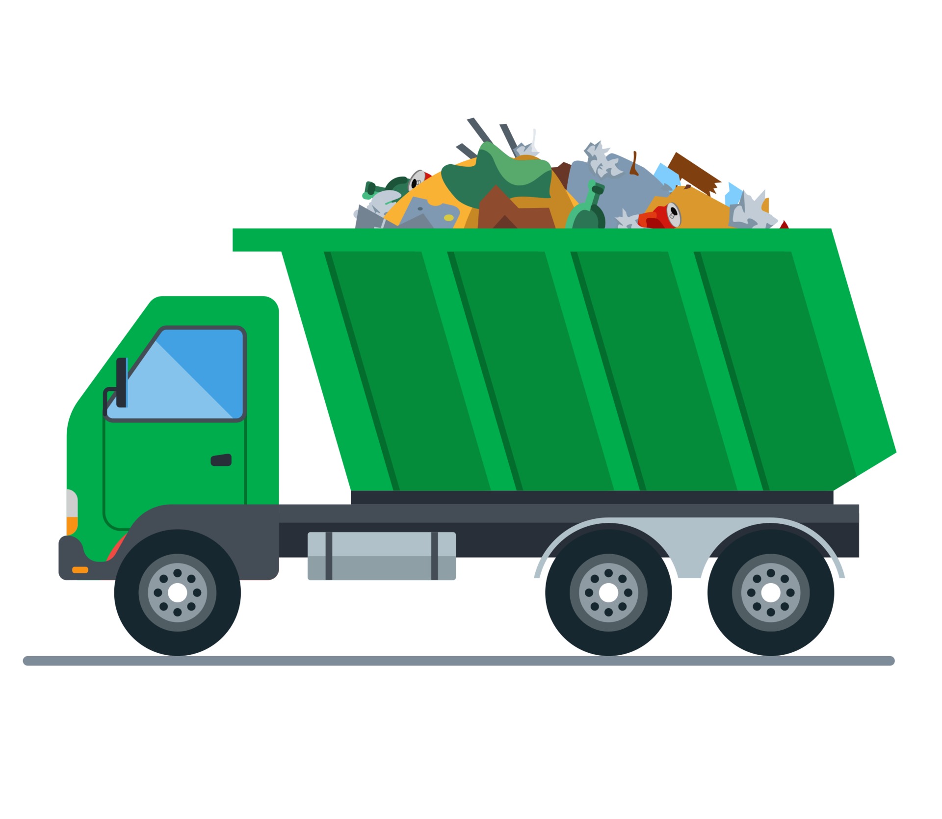 a truck loaded with garbage goes to a landfill. flat vector