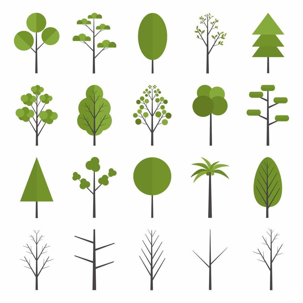 Set of forest trees icon. Pine, spruce, oak, birch, trunk, aspen, alder, poplar, chestnut, palm apple tree. Green summer forest tree concept. Flat forest tree nature plant isolated eco foliage. vector