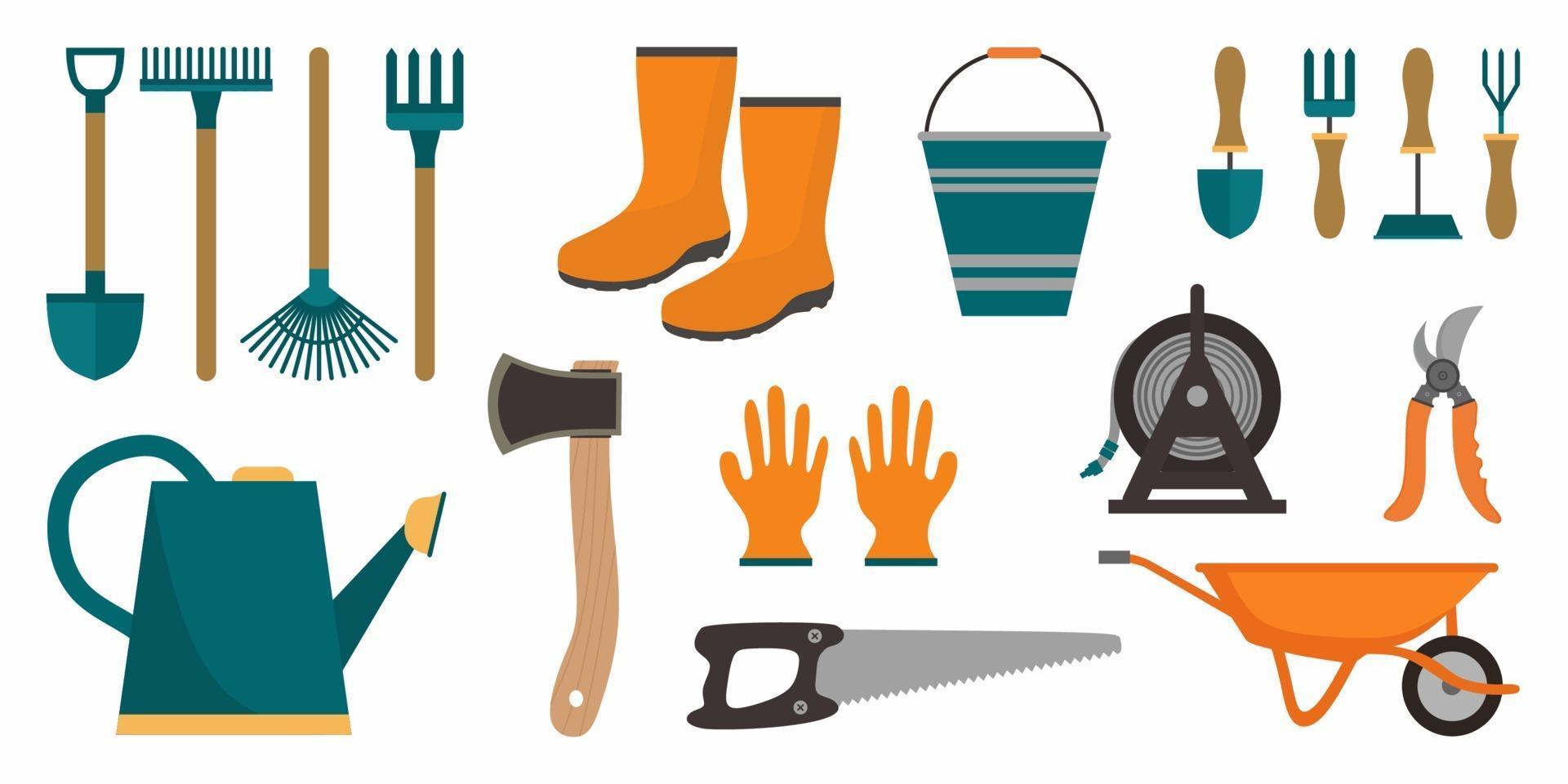 Set of garden tools. Instrument icons for horticulture rake, shovel, watering equipment, scissors, seed, plant, pruner. Collection isolated, white background. Cartoon flat vector illustration