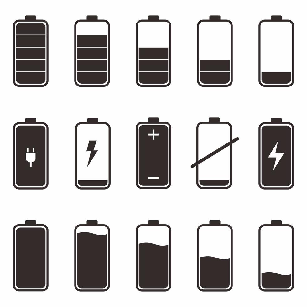 Icon set of batteries with different degree of energy charge. Black battery with scale charge power isolated on white background. Flat cartoon vector illustration.