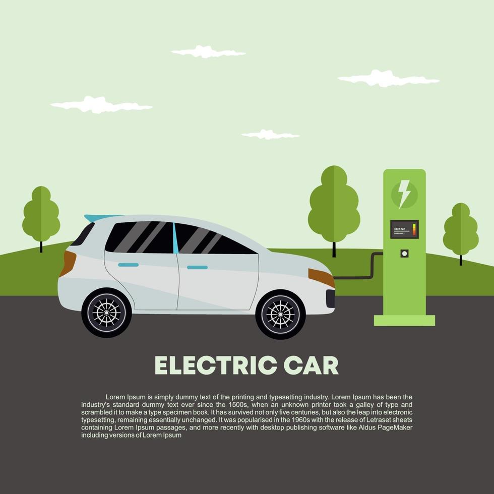 Electric car at the charger station. Isometric electric recharging point. vector