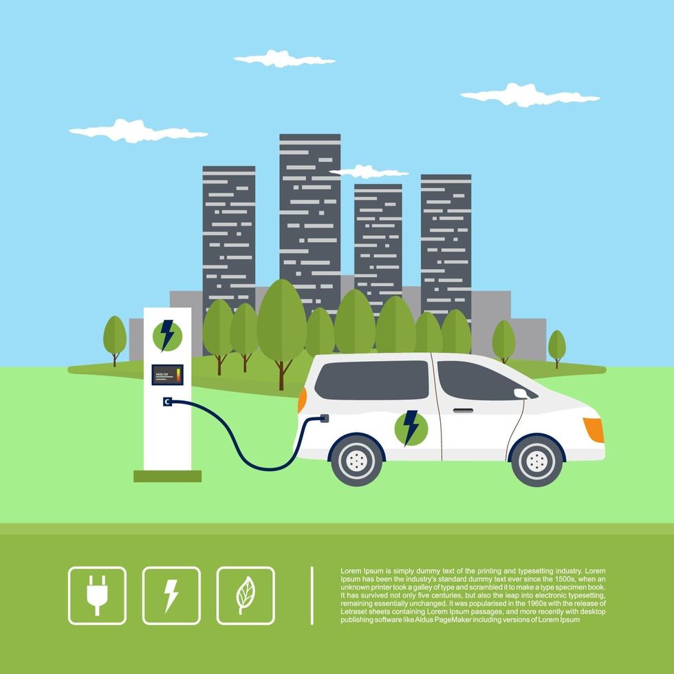 Modern electric smart suv car charging parking at the charger station with a plug in cable. vector