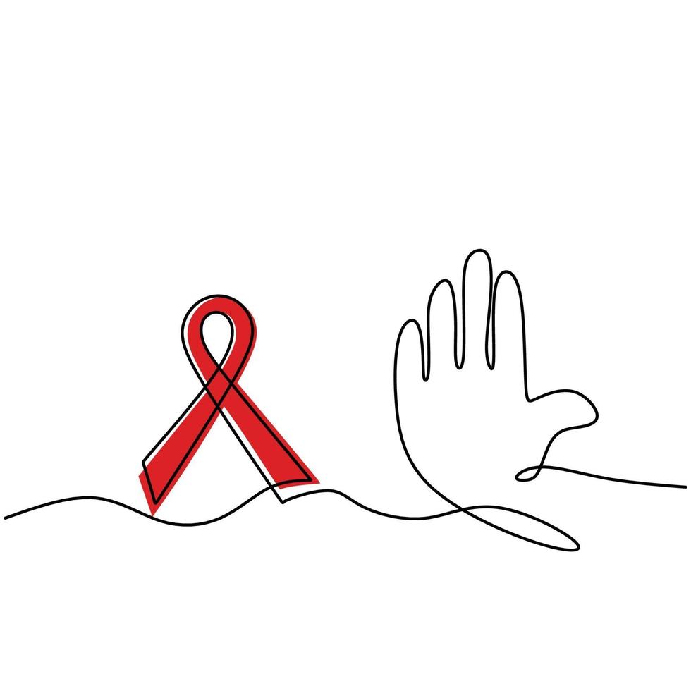 Stop Aids continuous one line drawing. A hand's people showing to stop HIV Aids with red ribbon isolated on white background. World Aids Day. Concept of aids awareness with hand gesture vector