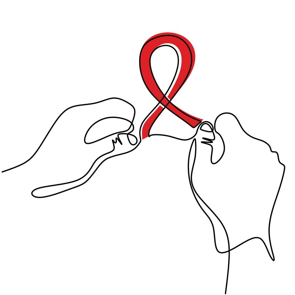 un dibujo lineal de la mano que sostiene el símbolo de la cinta roja para el