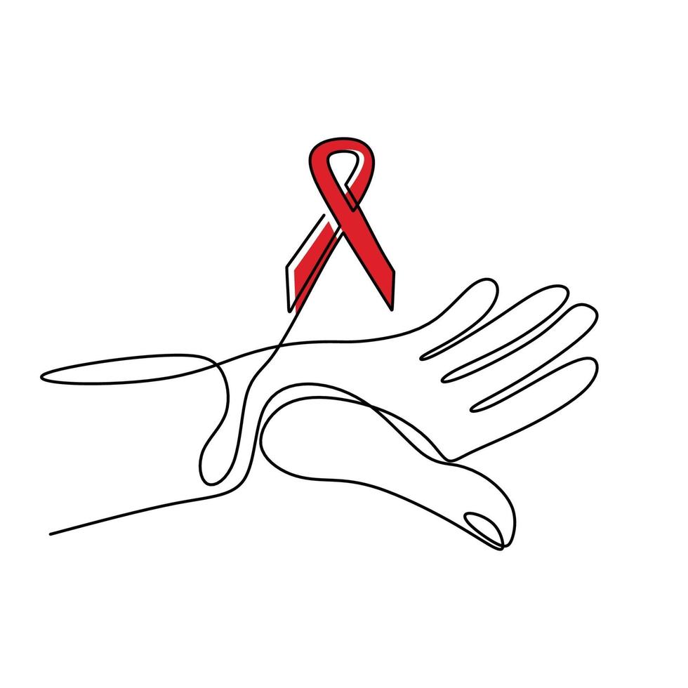 Red ribbon Aids in hands continuous one line drawing. Support hope for cure vector illustration with red loops and lettering. HIV Aids recovery concept. Minimalist style. Vector illustration