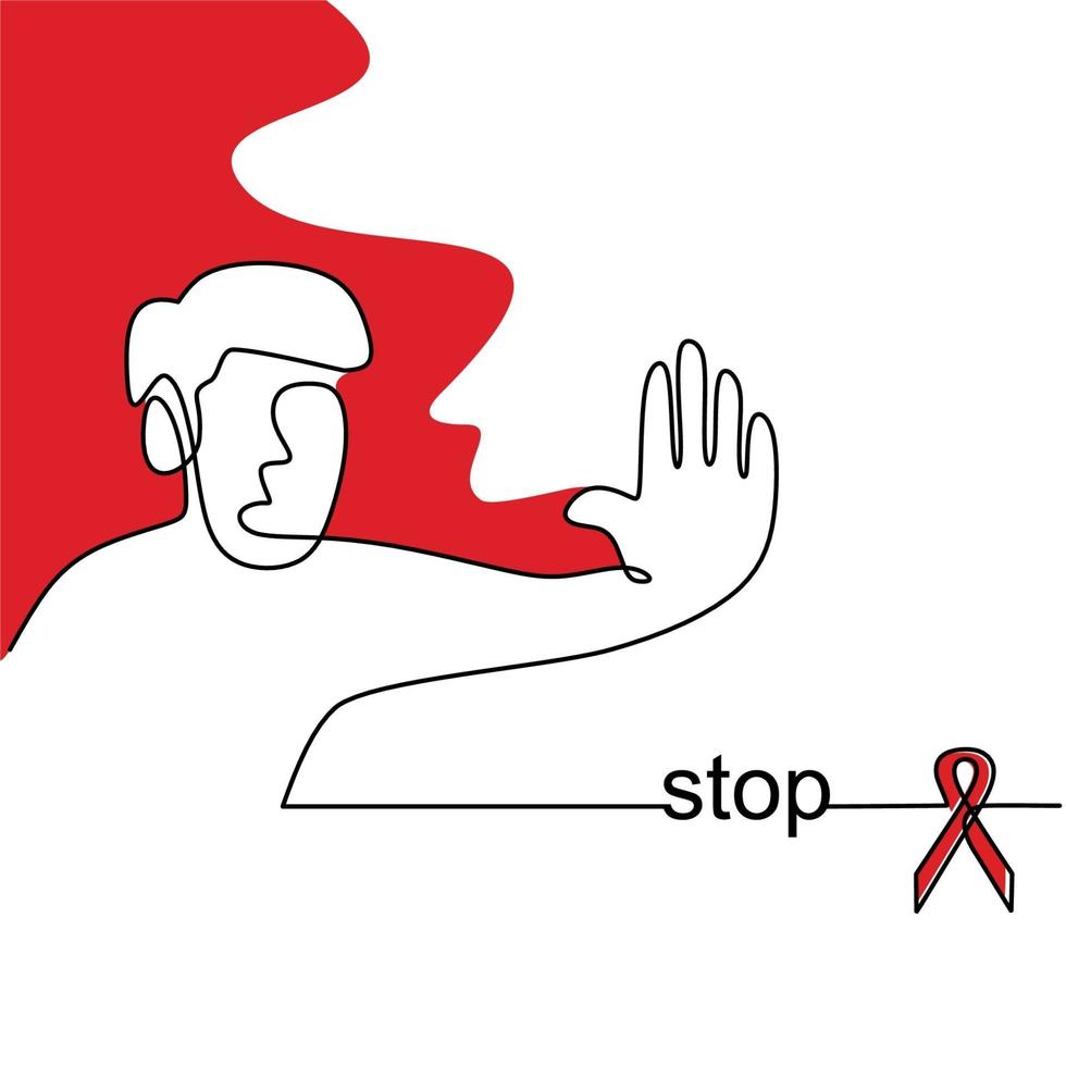 Stop Aids continuous one line drawing. A young man standing with hand gesture to show stop HIV Aids and red ribbon isolated on white background. World Aids Day. Concept of aids awareness vector