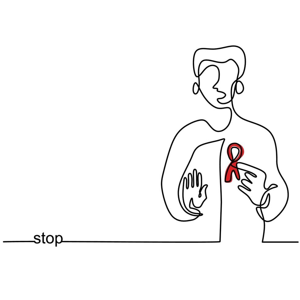 dejar de ayudar al dibujo continuo de una línea. un joven de pie con gesto de la mano para mostrar detener el sida del vih y cinta roja aislada sobre fondo blanco. Día mundial del SIDA. concepto de concienciación sobre el sida vector