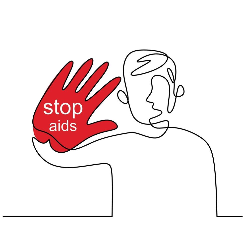 Stop Aids continuous one line drawing. A young man standing with hand gesture to show stop HIV Aids and red ribbon isolated on white background. World Aids Day. Concept of aids awareness vector