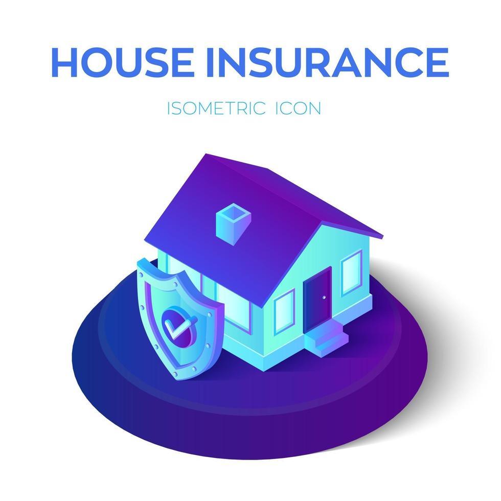 Casa asegurada isométrica 3d con escudo de seguridad con icono de verificación. póliza de seguro de protección de hogar y vivienda servicio comercial. seguro de propiedad y concepto seguro. vector