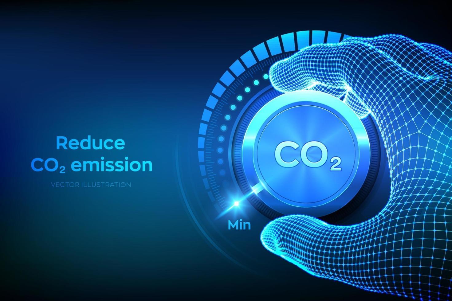 Carbon dioxide emissions control concept. Reduce CO2 level. Wireframe hand turning a carbon dioxide knob button to the minimum position. CO2 reduction or removal concept. vector