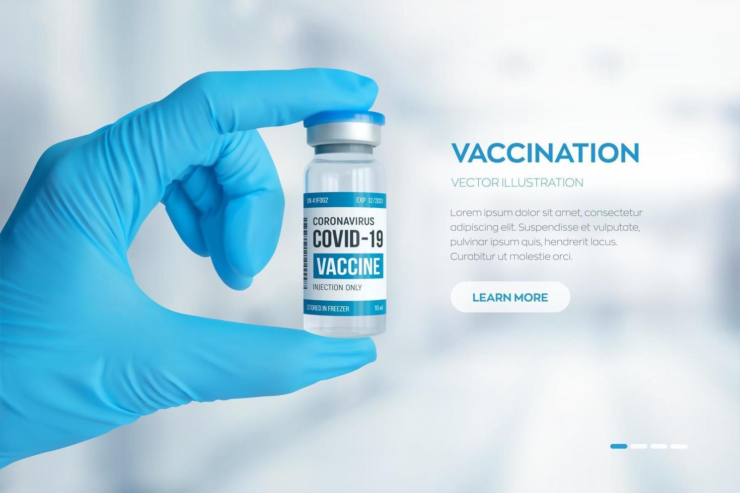 Vial de vacuna contra el coronavirus covid-19. concepto de vacunación. La mano del médico en un guante azul holda frasco de vidrio médico para inyección. desarrollo y creación de una vacuna contra el coronavirus. vector
