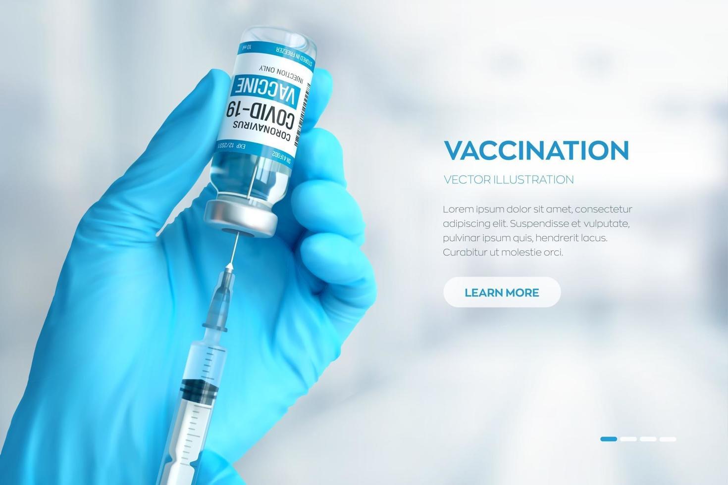Vacuna contra el coronavirus covid-19. concepto de vacunación. La mano del médico en guantes azules sostiene la botella y la jeringa del frasco de la vacuna de la medicina. desarrollo y creación de una vacuna contra el coronavirus. vector