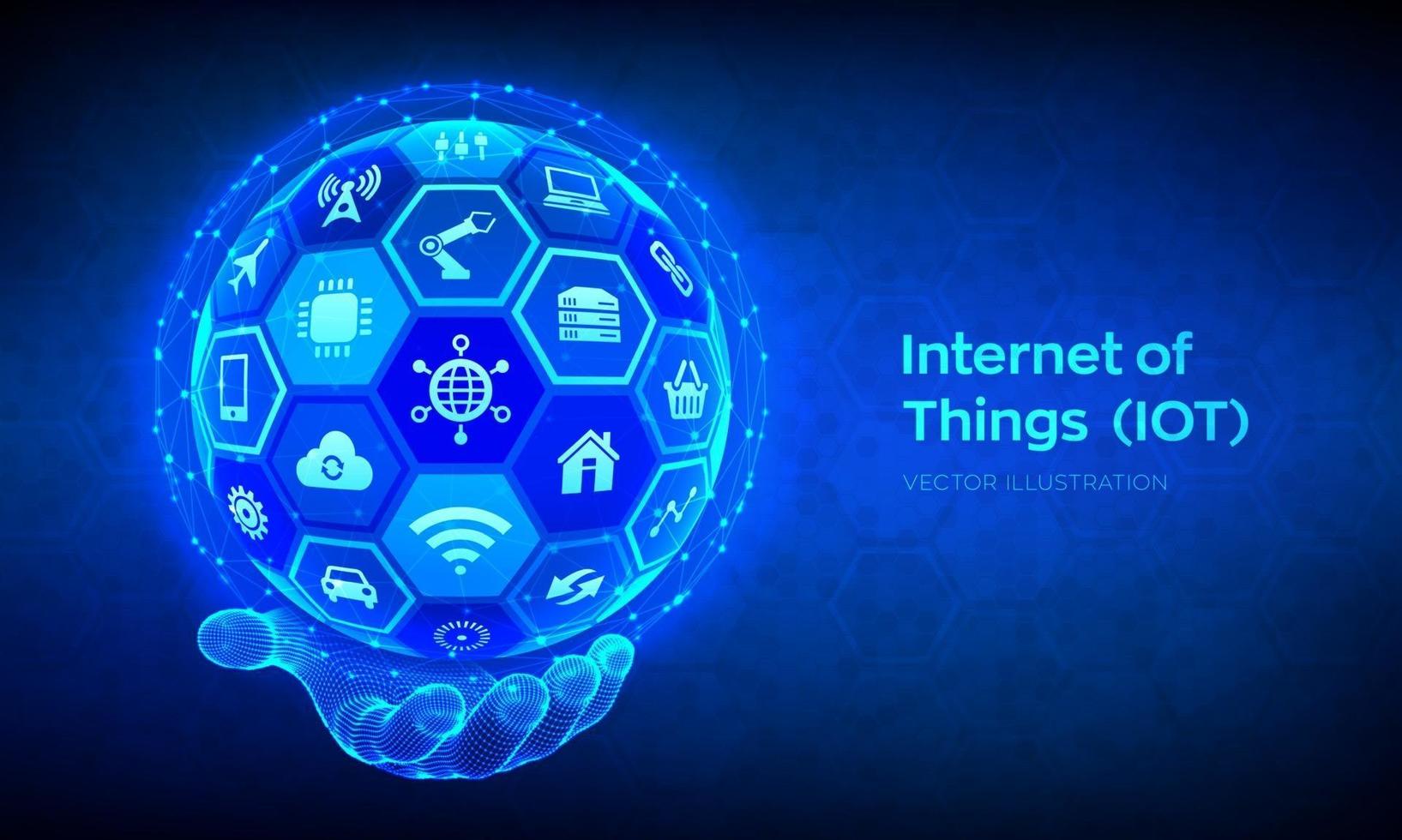 IOT. Internet of things concept. Everything connected device concept network, and business with internet. Abstract 3D sphere or globe with surface of hexagons in wireframe hand. vector