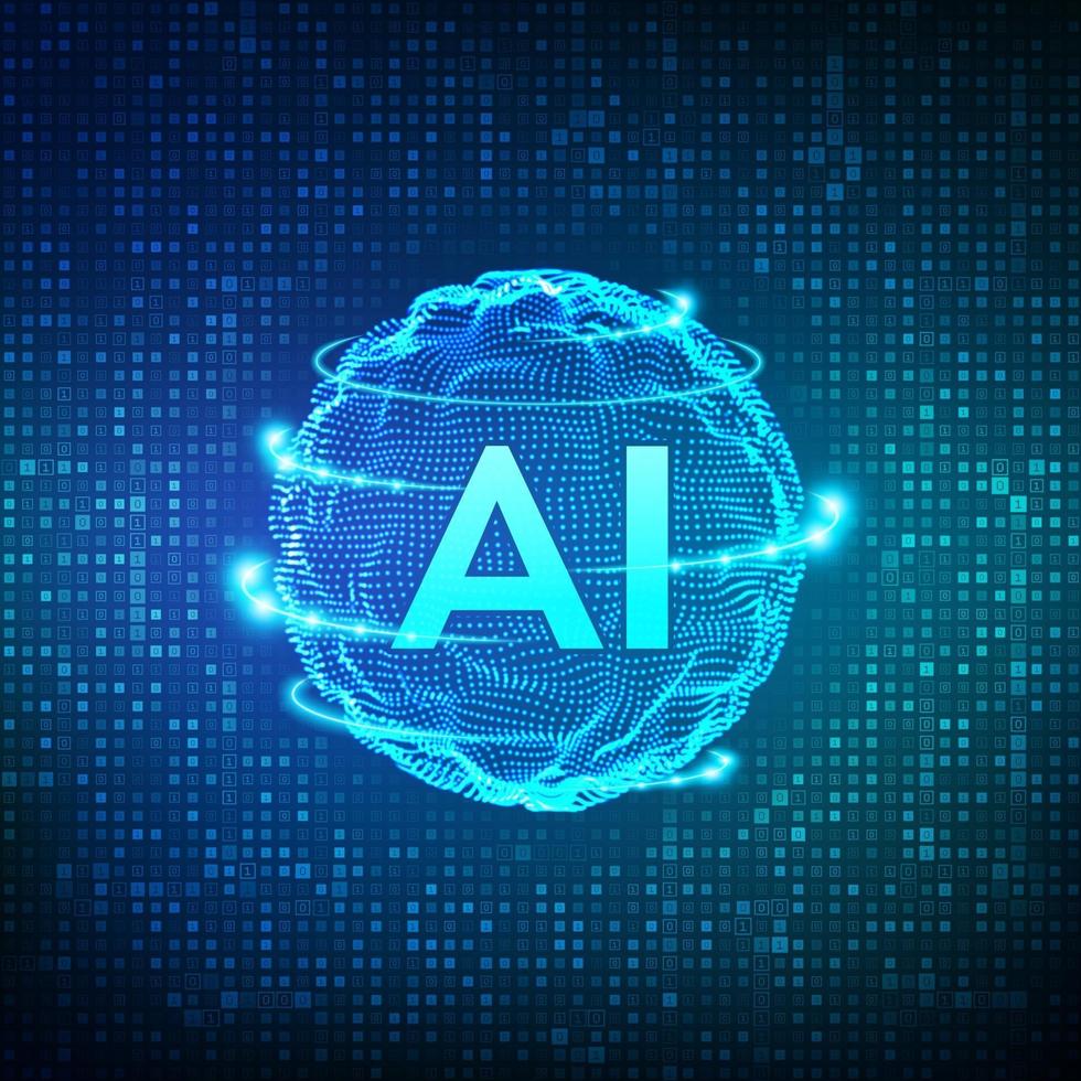 AI. Artificial Intelligence and Machine Learning concept. Sphere grid wave on streaming matrix digital binary code background. Big data innovation technology. Neural networks. vector