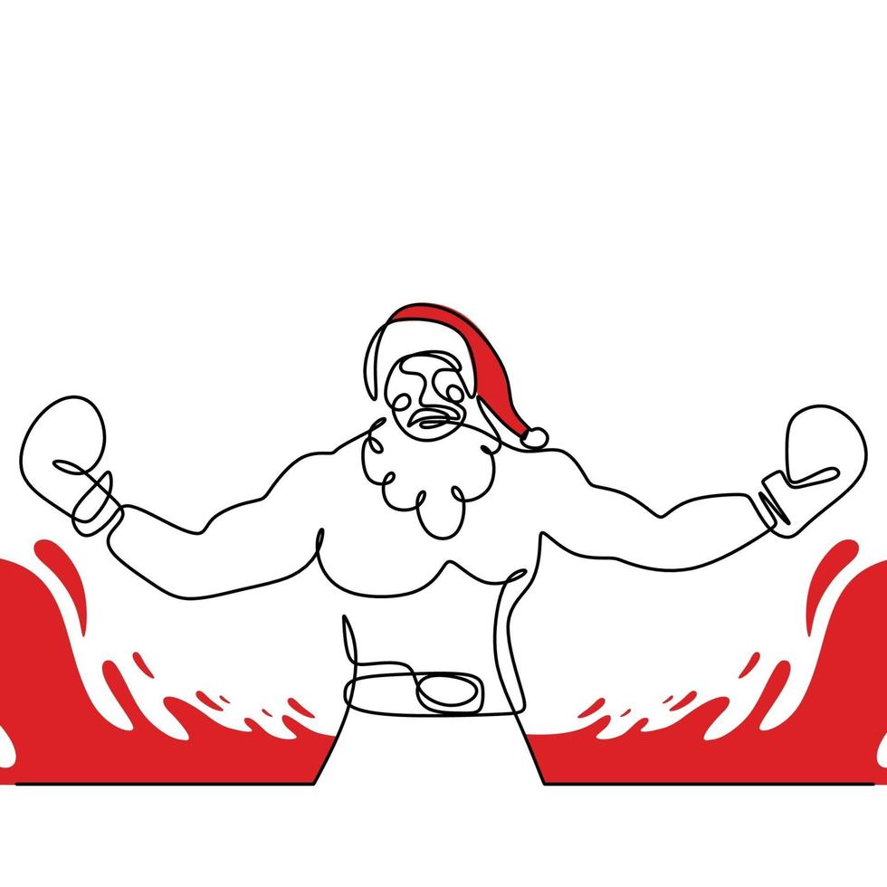 Santa claus with boxing glove continuous one line drawing. Christmas santa claus pose boxer man with a muscular body isolated on white background. Concept line art boxing for Christmas and New Year. vector