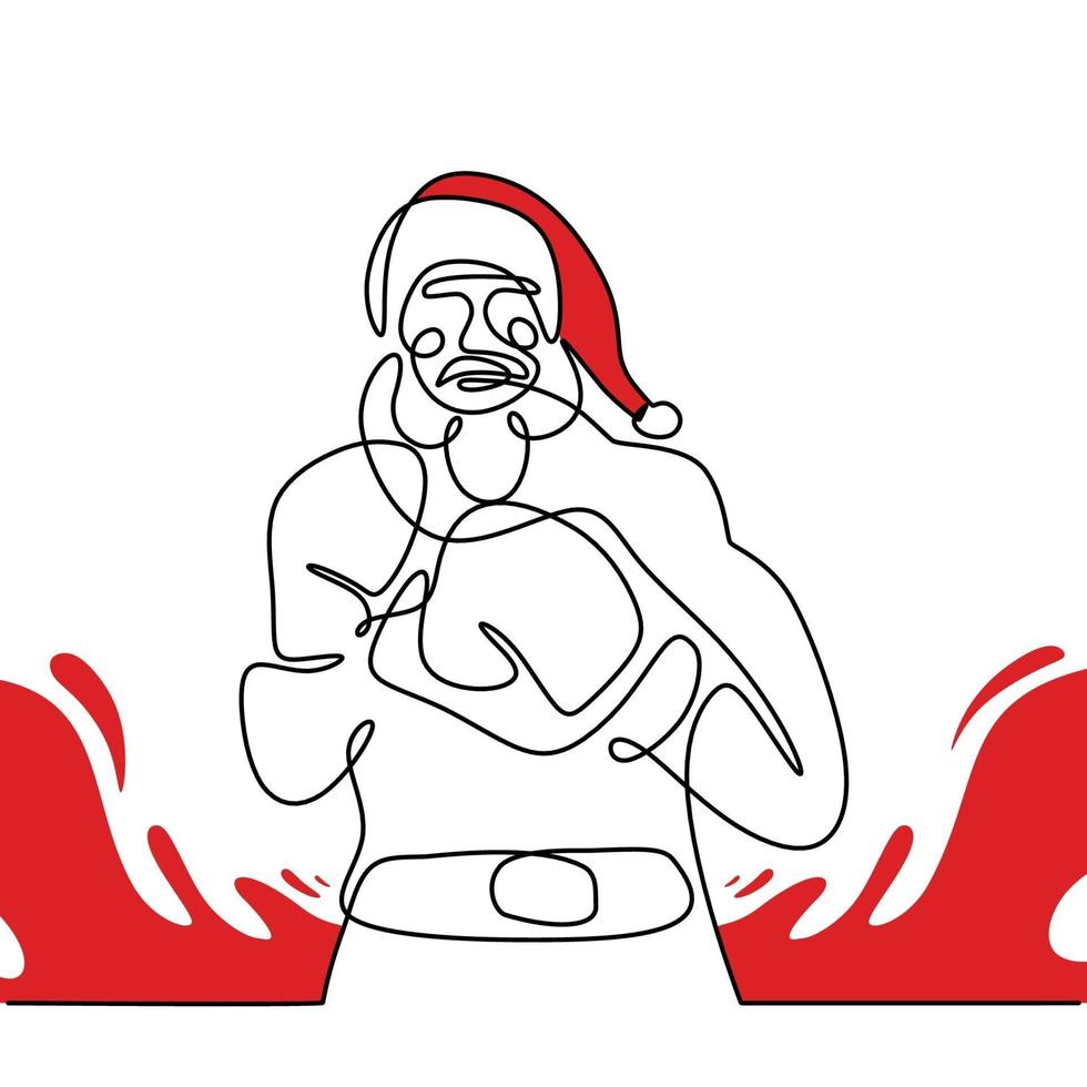 Santa claus with boxing glove continuous one line drawing. Christmas santa claus pose boxer man with a muscular body isolated on white background. Concept line art boxing for Christmas and New Year. vector