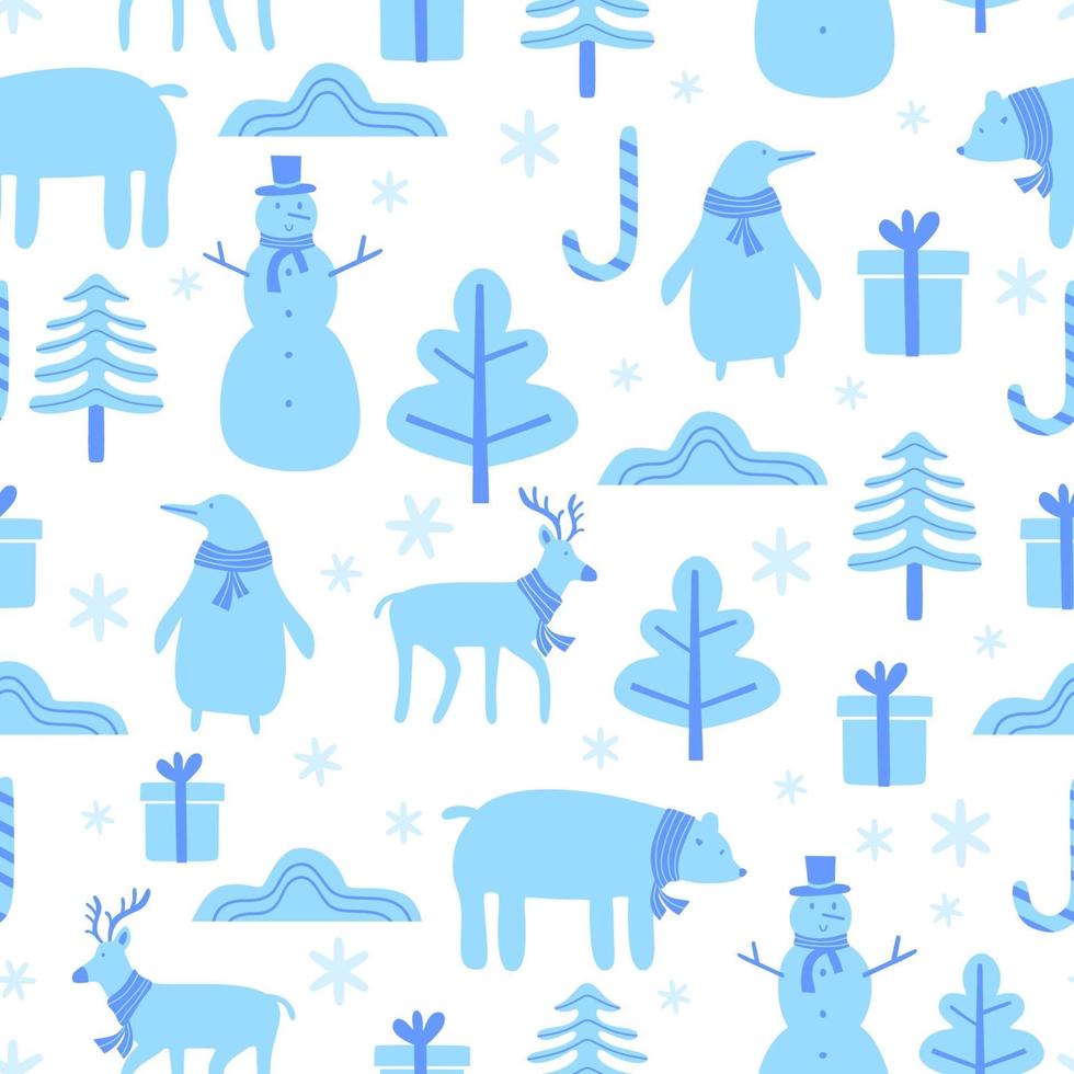 Christmas seamless pattern with cute funny animals. Penguin, bear, reindeer and snowman in winter. Childish background for fabric, wrapping paper, textile, wallpaper and apparel. Vector Illustration