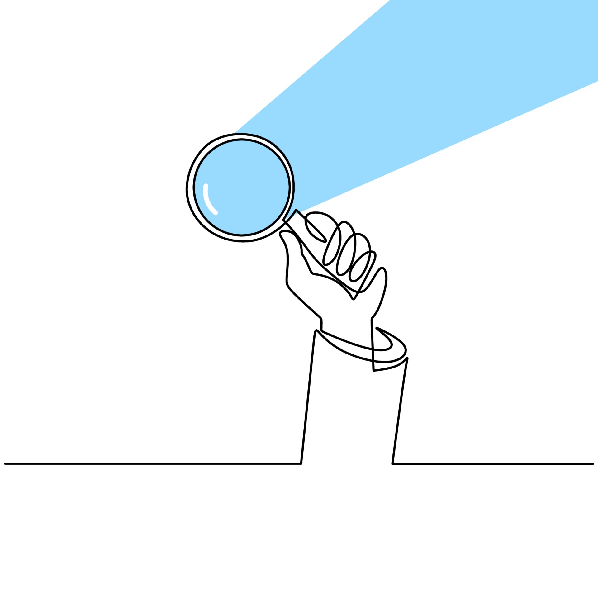 Hand holding magnifying glass one line drawing vector illustration